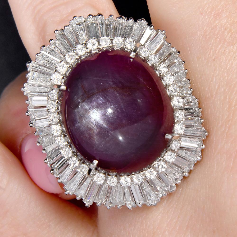 Giant Natural Star Ruby & Diamond Ballerina Platinum Cocktail Ring For Sale 6