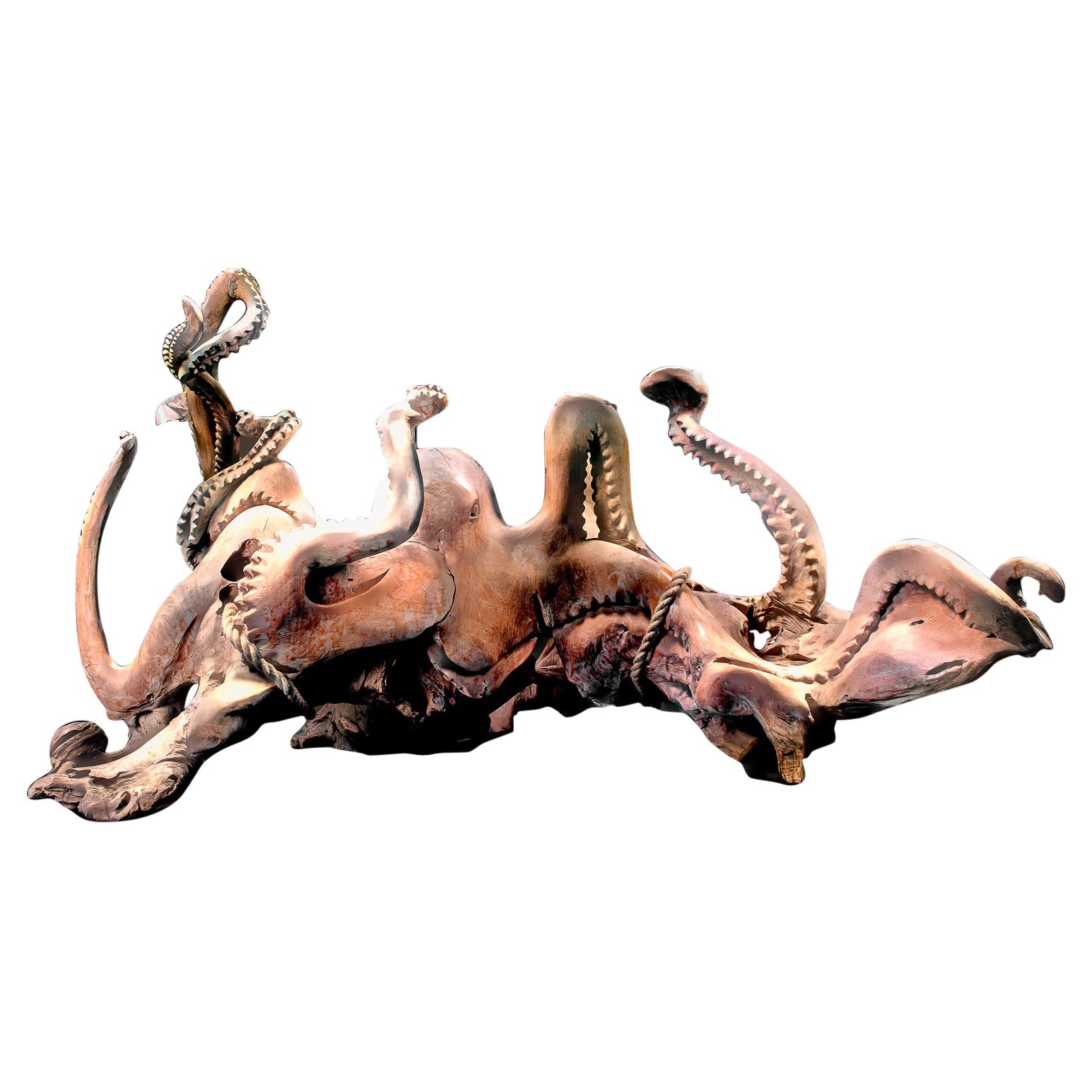This giant Octopus sculpture cut out of one piece of natural wood measures 180 x100 x 90 cm, was cut out of the roots and trunk of a teak tree.