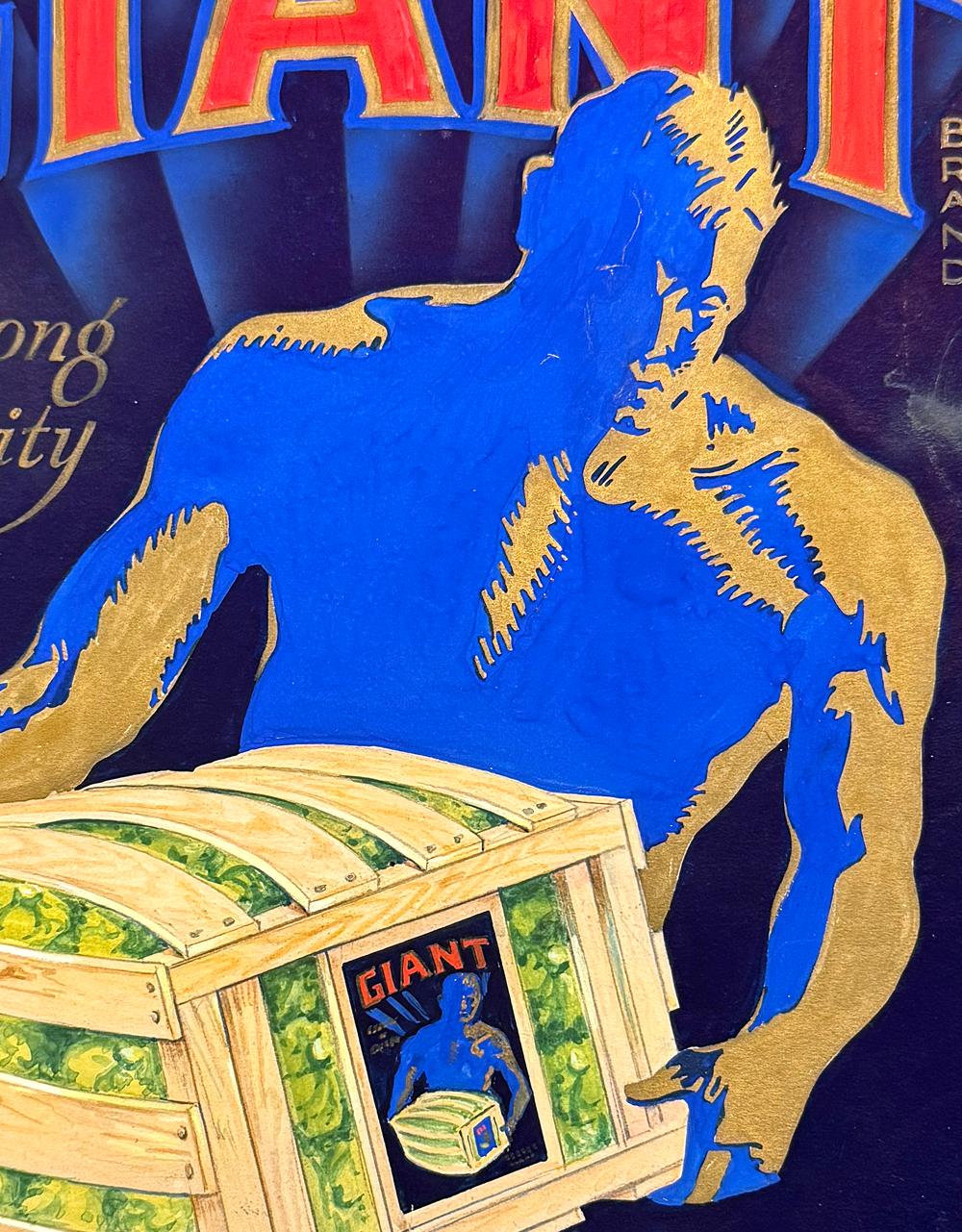 Brillamment exécutée dans des tons de cobalt et de rouge pour attirer l'œil, cette peinture originale a été réalisée pour un projet d'étiquette de caisse annonçant la laitue Giant dans les années 1940.  À l'époque où la Californie devenait la