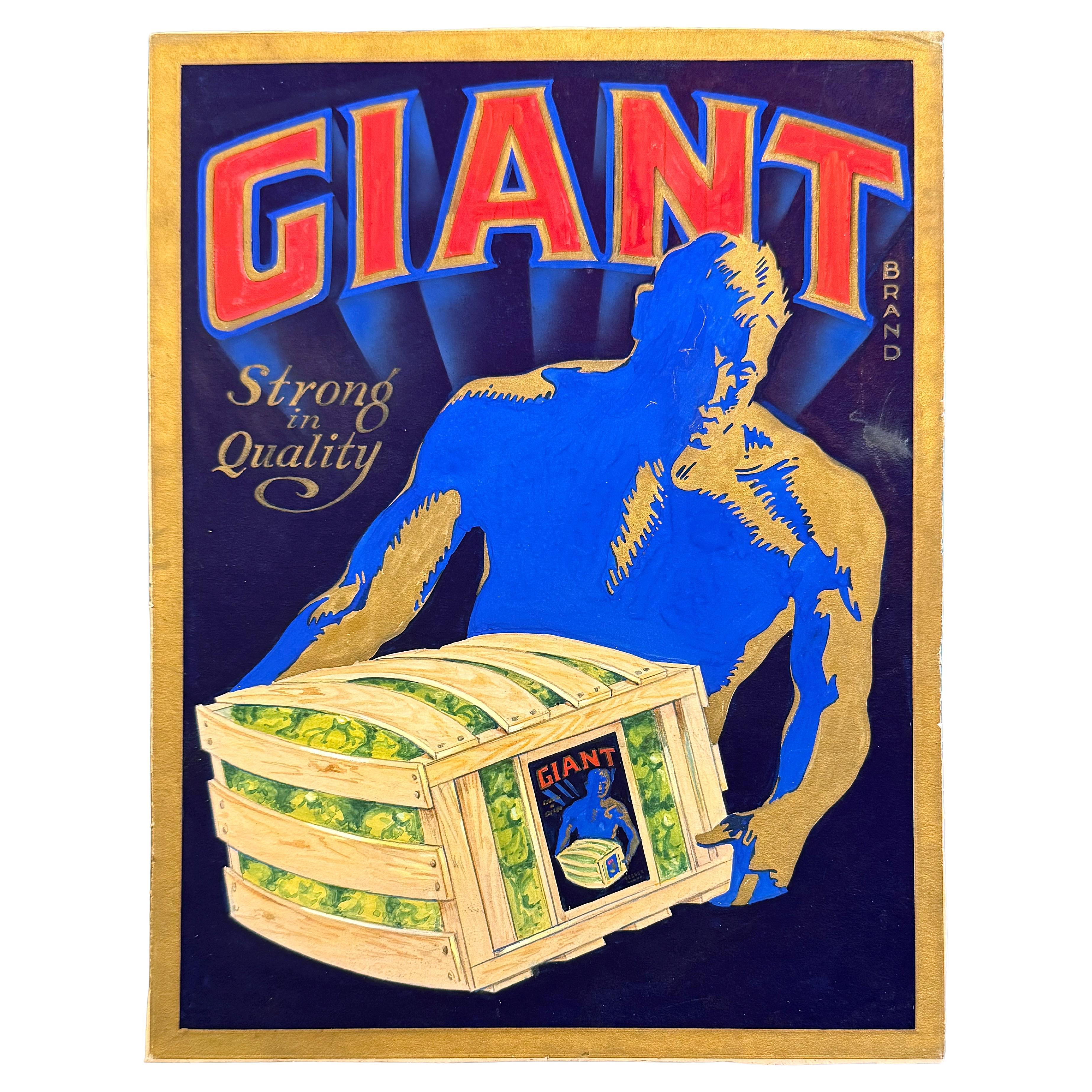 "Giant", peinture originale en cobalt et rouge pour Crate Label, Californie, années 1940. en vente
