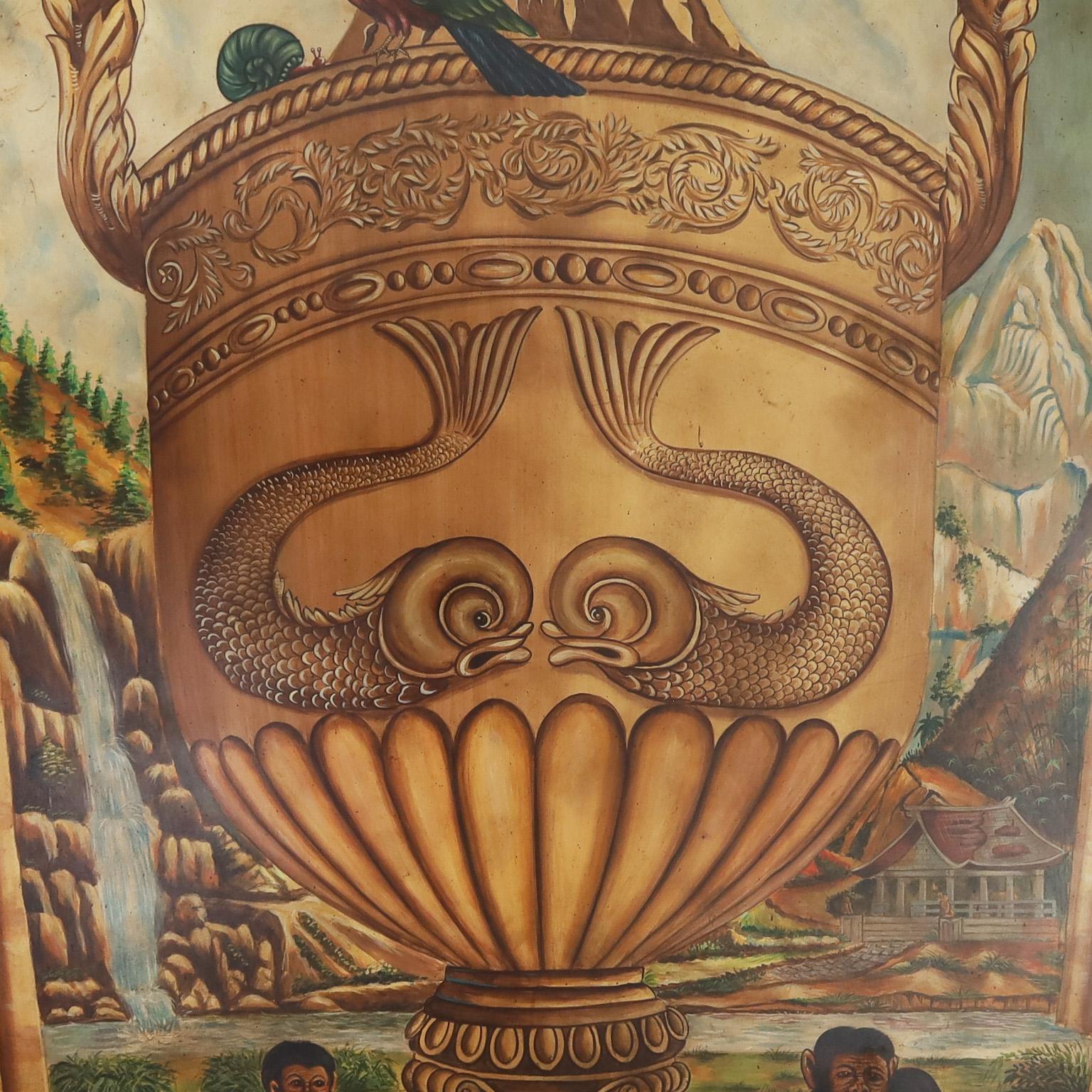 Philippine Giant Painted Panels with Urns and Monkeys