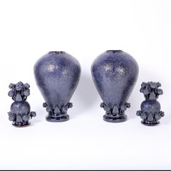 Giant Pair of Blue Glazed Terracotta or Pottery Lidded Urns