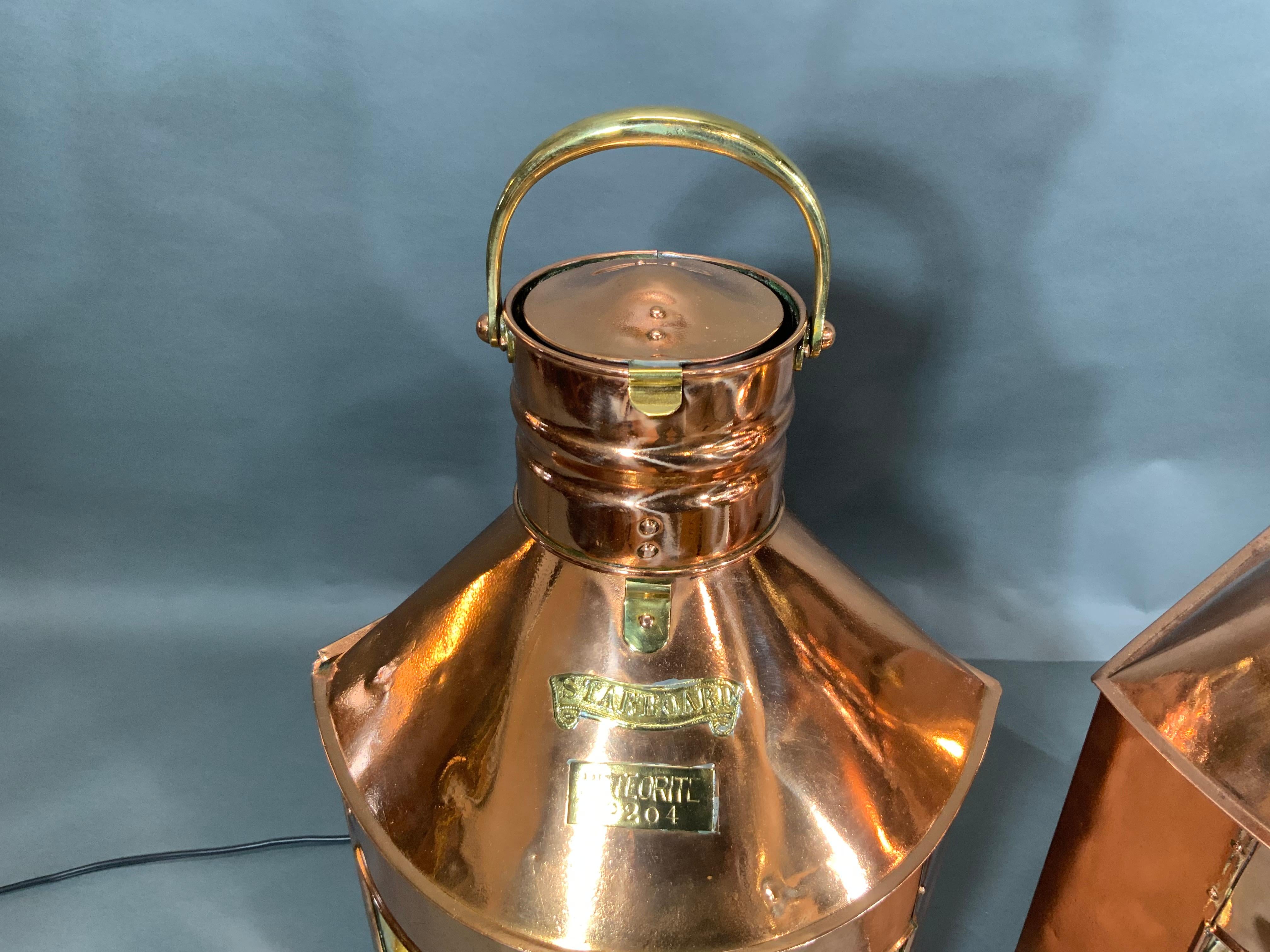 Giant Pair of Copper Port & Starboard Ships Lanterns by Meteorite, 12402 & 19204 In Good Condition For Sale In Norwell, MA