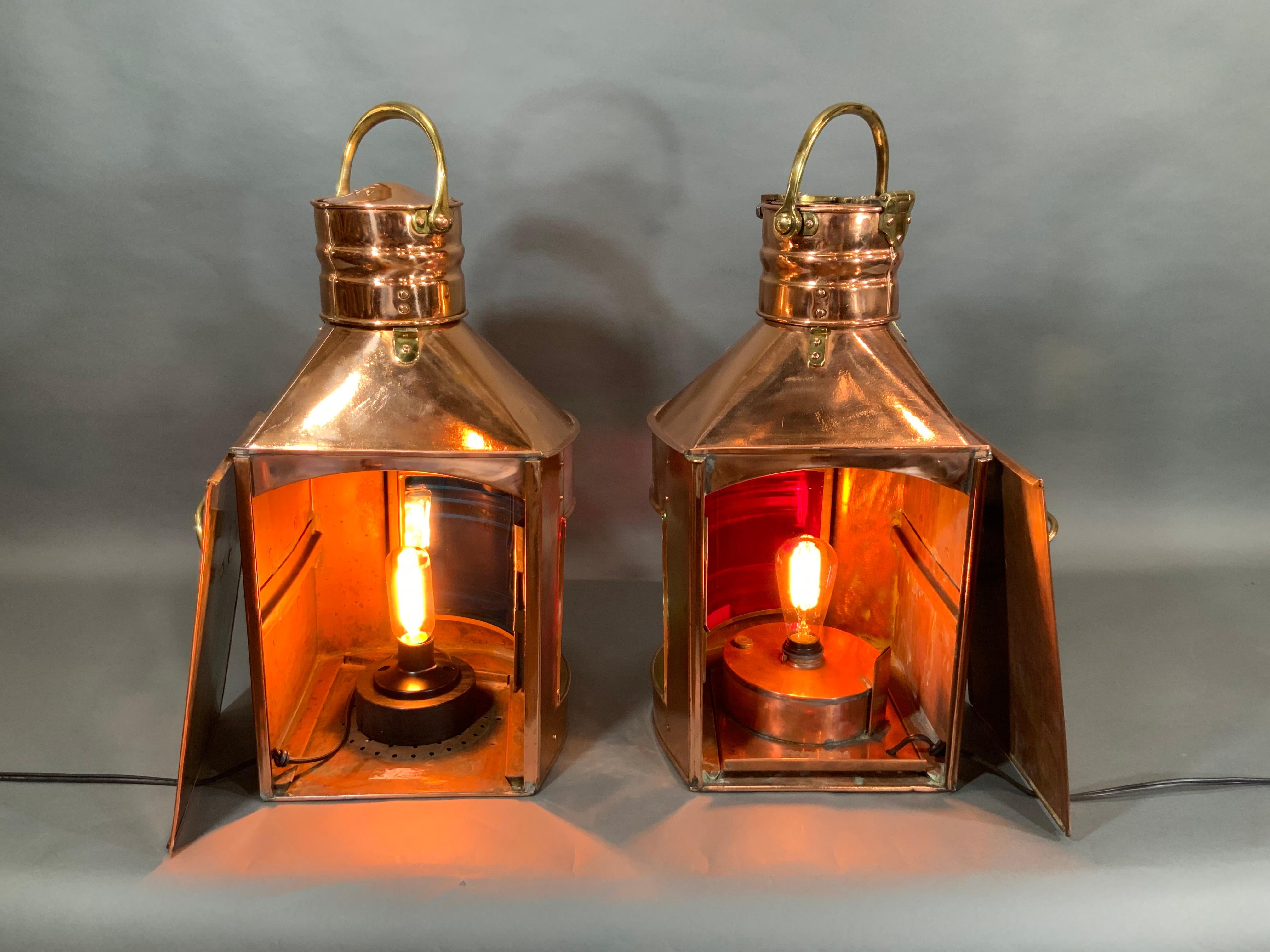 Early 20th Century Giant Pair of Copper Port & Starboard Ships Lanterns by Meteorite, 12402 & 19204 For Sale