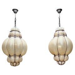 Large Pair of Venetian Pendants, Mouth Blown Amber Glass in Wrought Iron Frame 