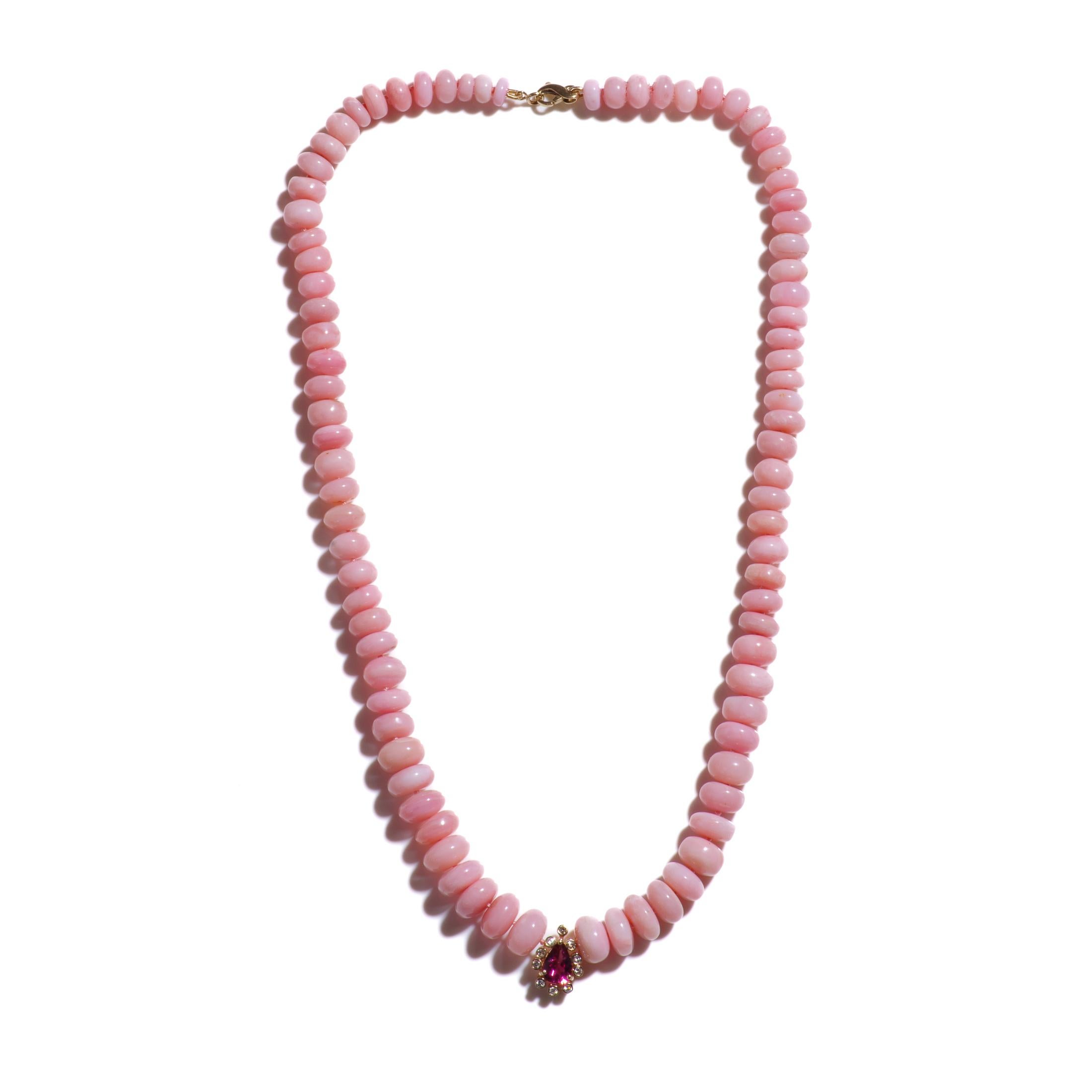 Bead Giant Pink Opal & Rubelite Tourmaline Diamond Necklace For Sale