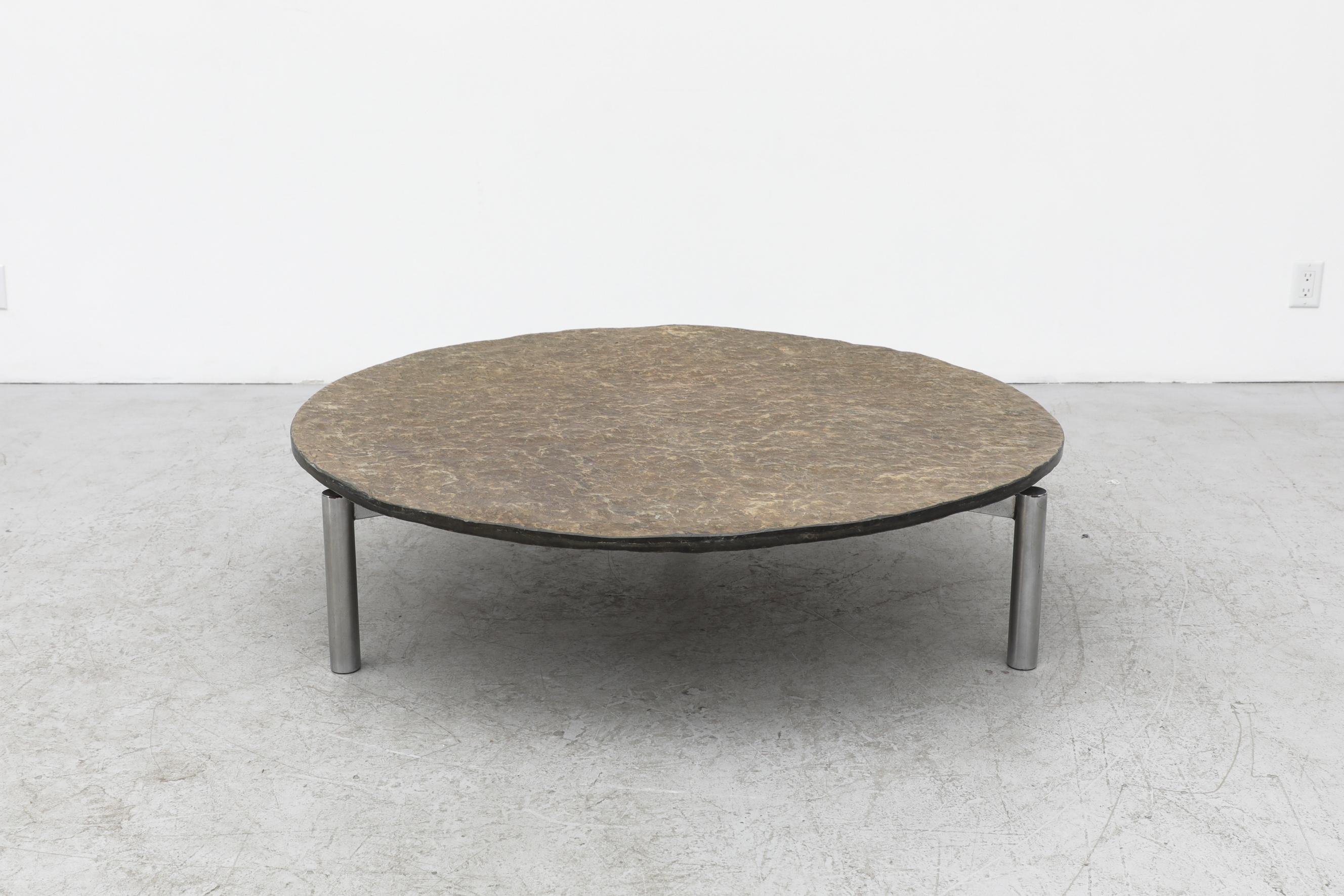 Giant Poul Kjerholm Inspired Stone and Chrome Coffee Table In Good Condition In Los Angeles, CA