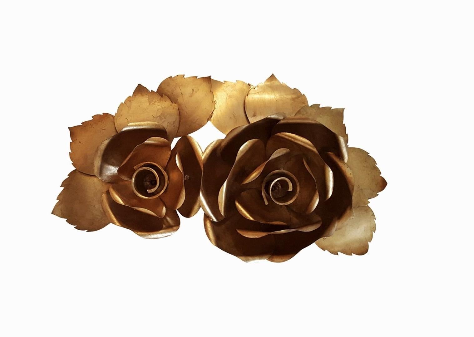 Hollywood Regency Giant Rose Wall Sconce in 24Ct Gold Leaf Wrought Iron by Emporio san Firenze