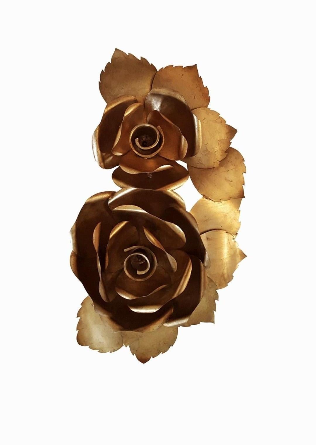 Welded Giant Rose Wall Sconce in 24Ct Gold Leaf Wrought Iron by Emporio san Firenze