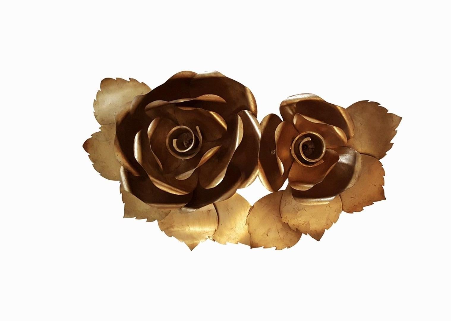 20th Century Giant Rose Wall Sconce in 24Ct Gold Leaf Wrought Iron by Emporio san Firenze