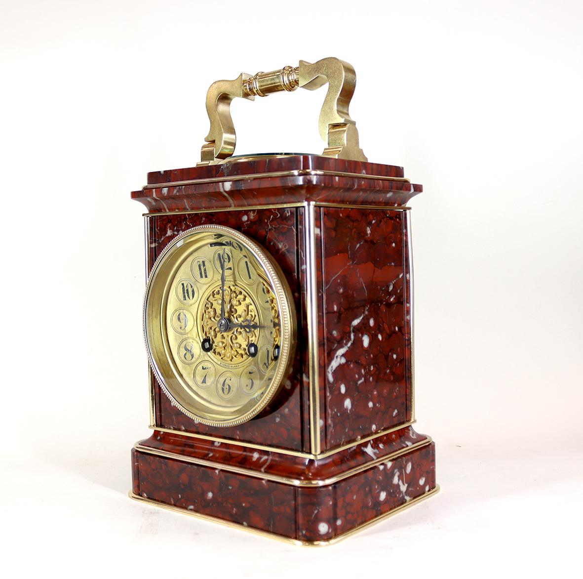 Late Victorian Giant Rouge Marble Carriage Clock For Sale