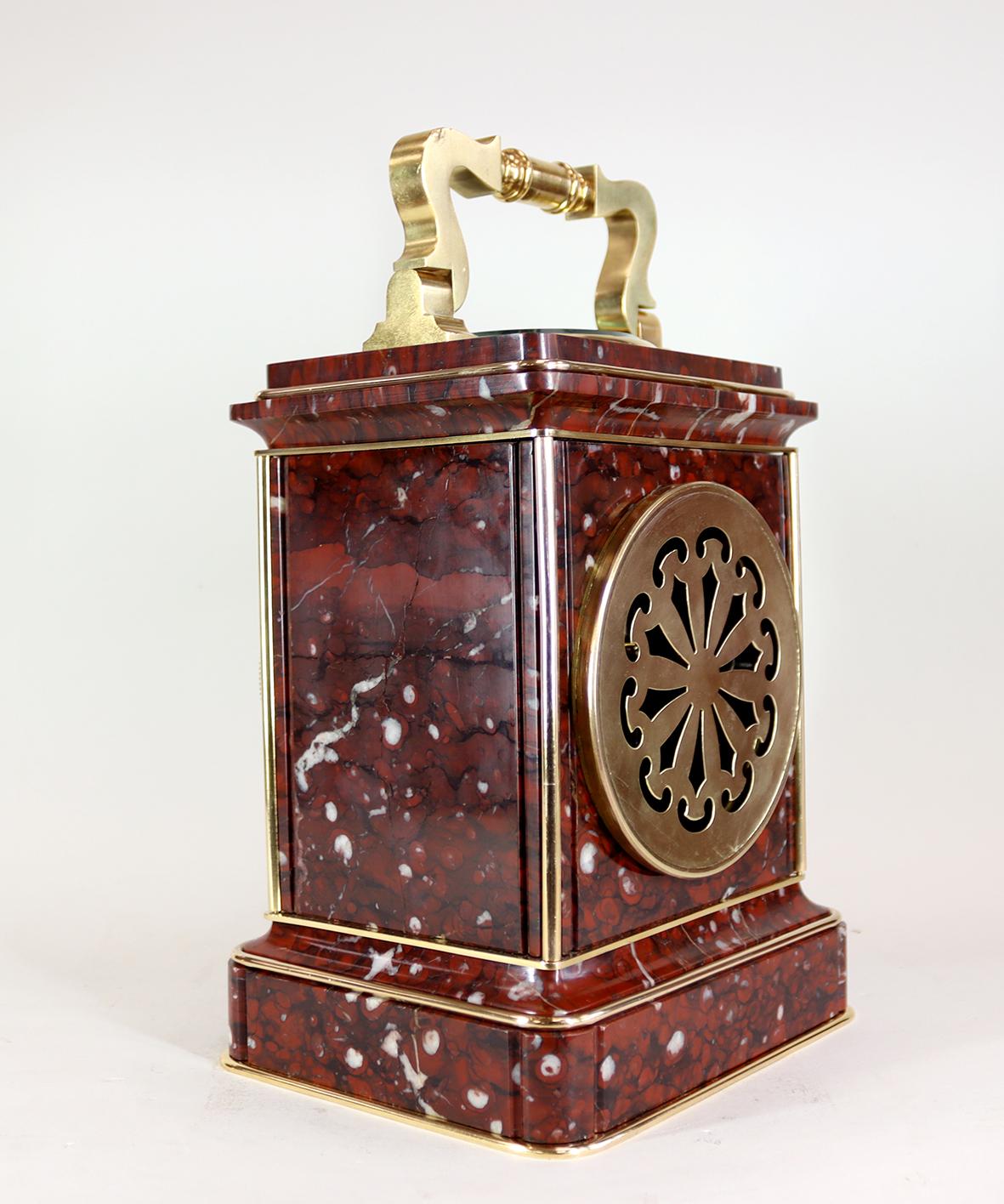 Carved Giant Rouge Marble Carriage Clock For Sale