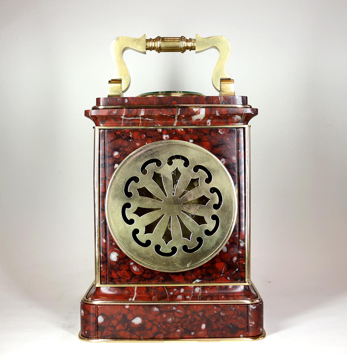 Giant Rouge Marble Carriage Clock In Good Condition For Sale In Amersham, GB