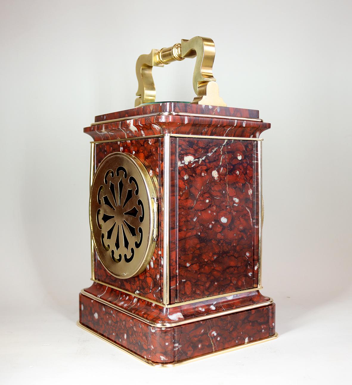 Late 19th Century Giant Rouge Marble Carriage Clock For Sale
