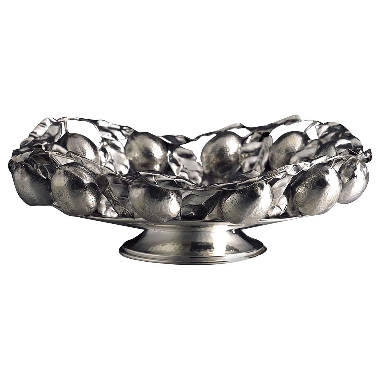 Giant Round Silver Basket with Lemons For Sale