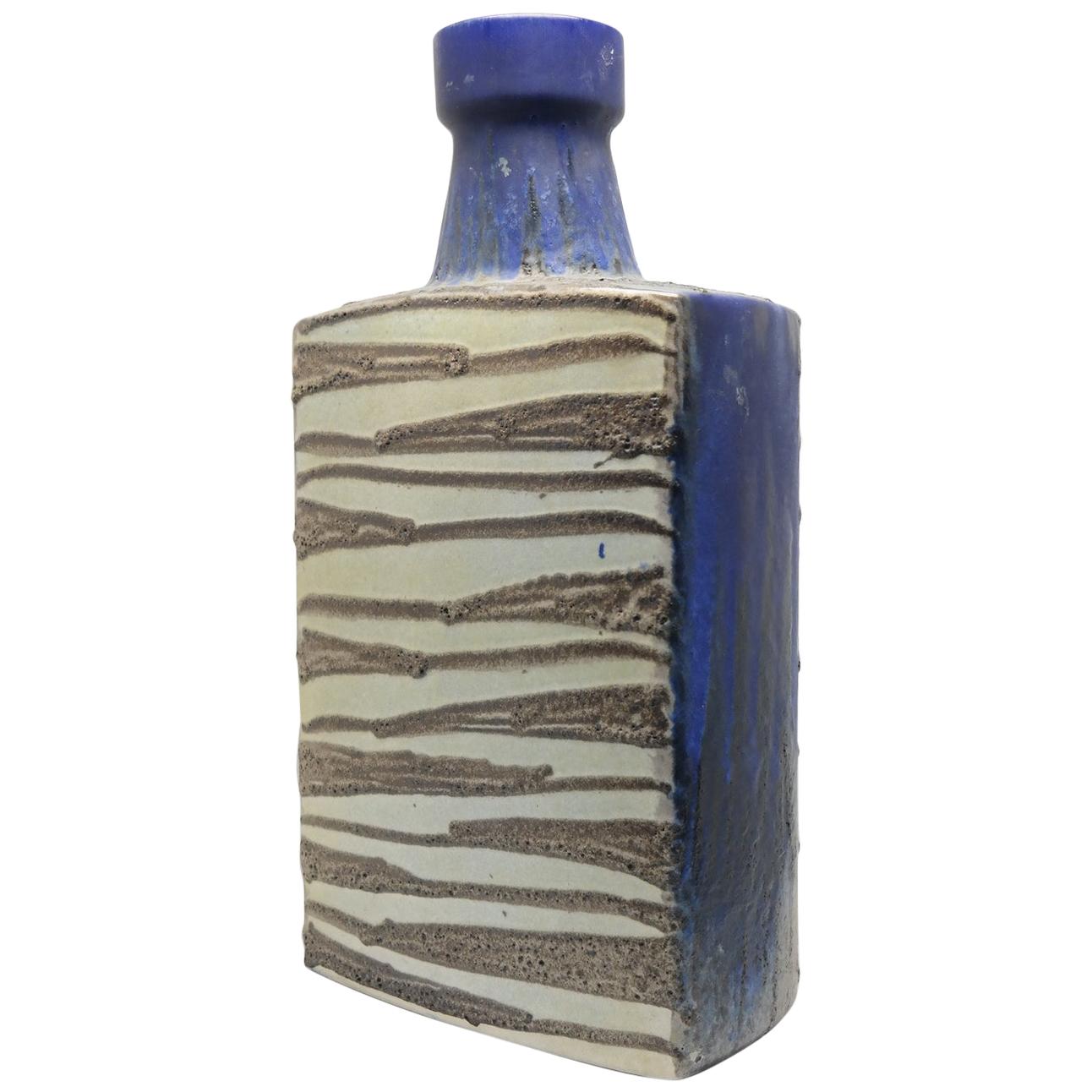 Giant Scheurich Iconic Zig Zag Vase, Blue Sand & Beige Glazed Ceramic, 1970's For Sale