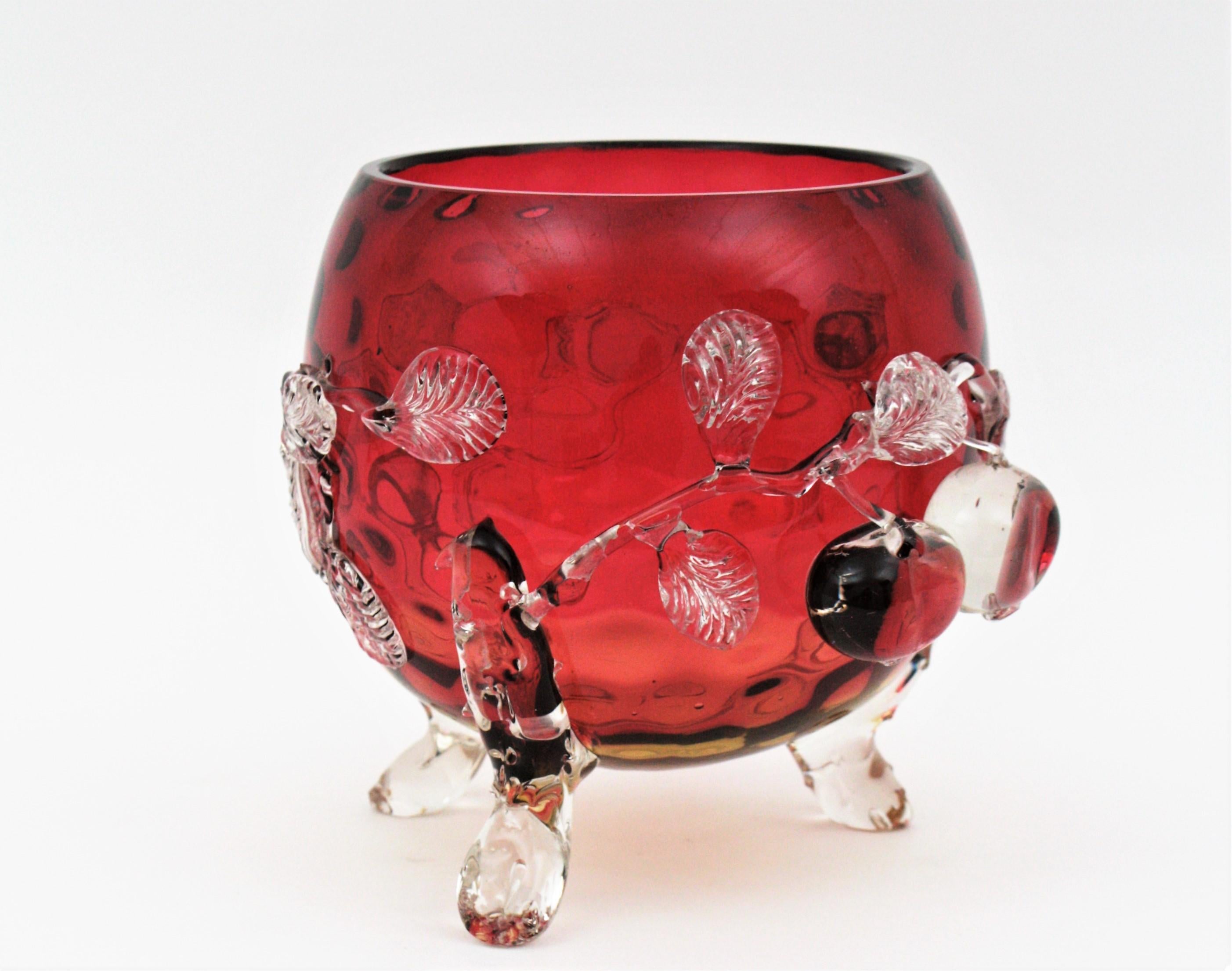 Spectacular Victorian hand blown Amberina glass coin dot pattern footed bowl centerpiece / vase with applied cherry decorations.
Optic coin dot pattern thorough all the surface.
Applied clear glass cherry and leaves motifs.
Gorgeous placed as a