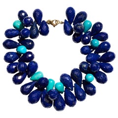 Giant Sleeping Beauty Turquoise and Lapis 14K Gold Drop Bracelet