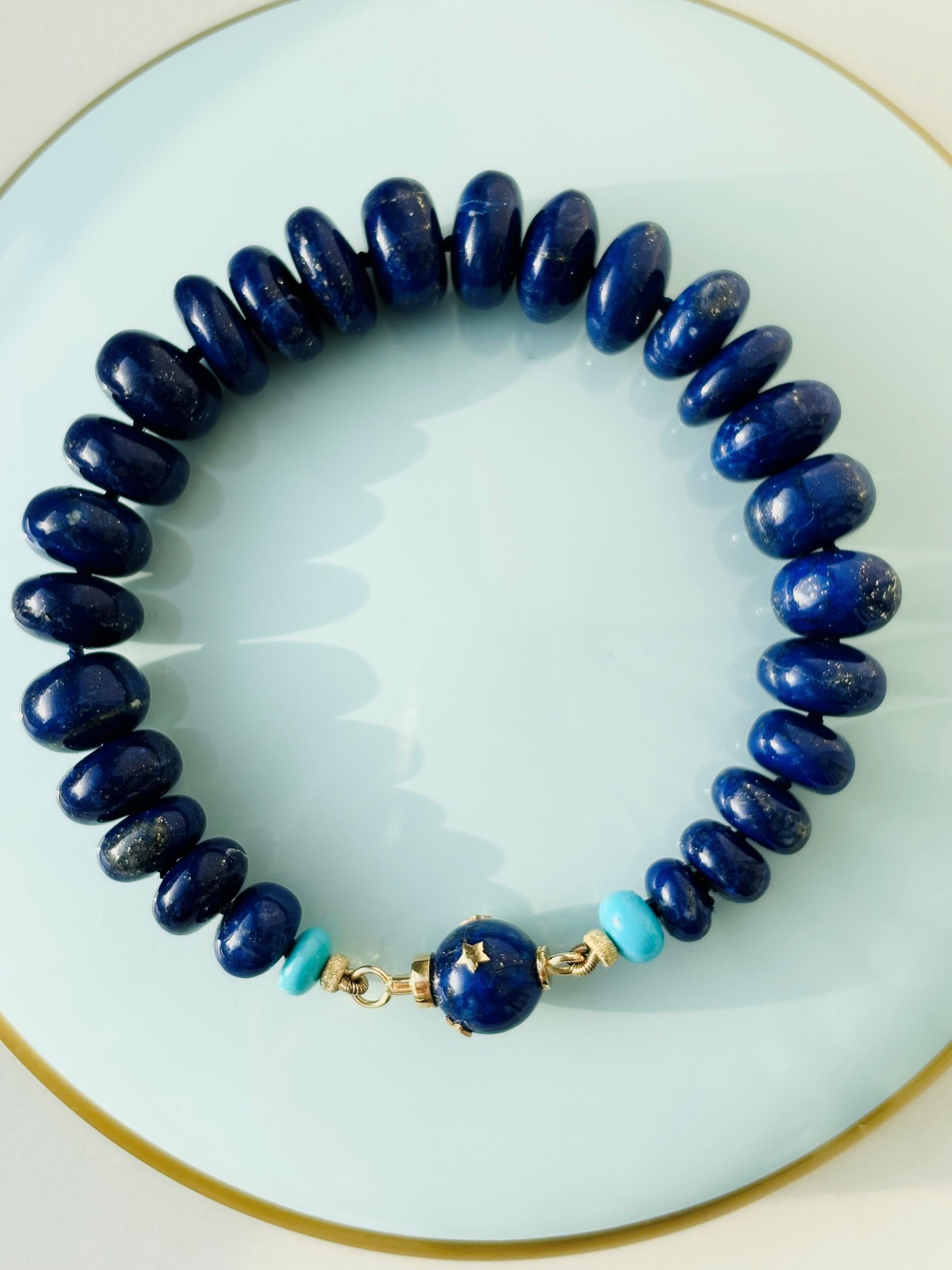 Perlina Bracciale Gigante della Bella Addormentata in turchese e lapis in oro 14K in vendita