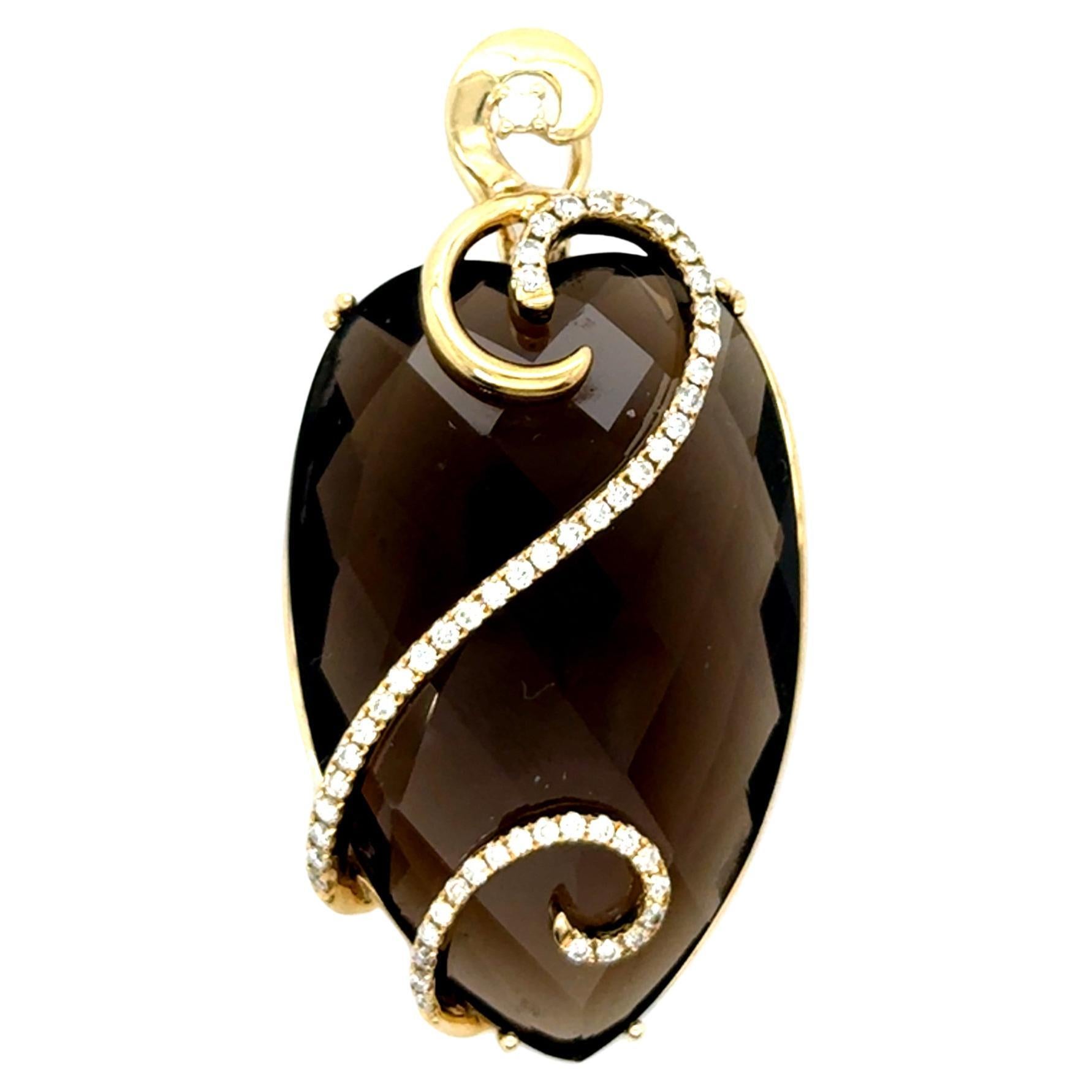 GIANT Smokey Quartz Diamond Pendant 14K Yellow Gold .44ct Mined Zeghani