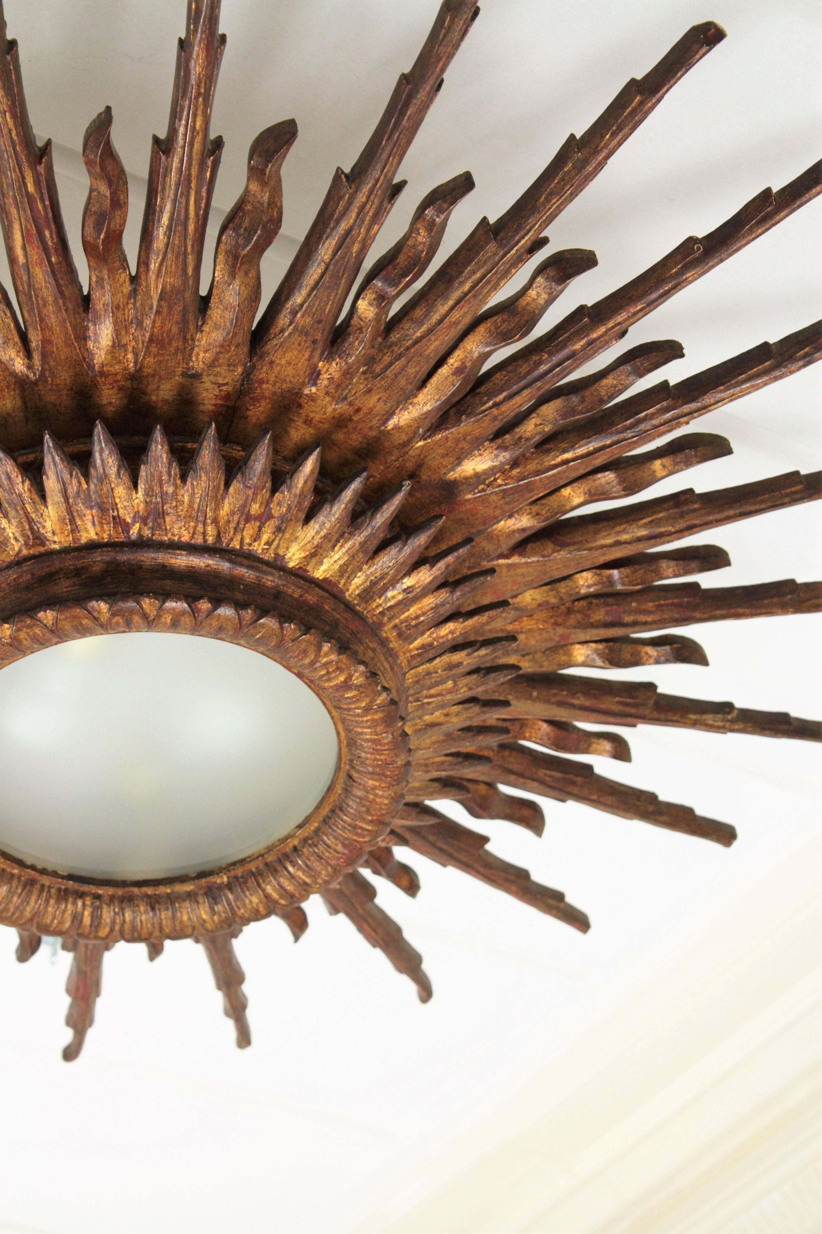Carved Giant 1940s Baroque Style Giltwood Sunburst Ceiling Light Fixture or Mirror