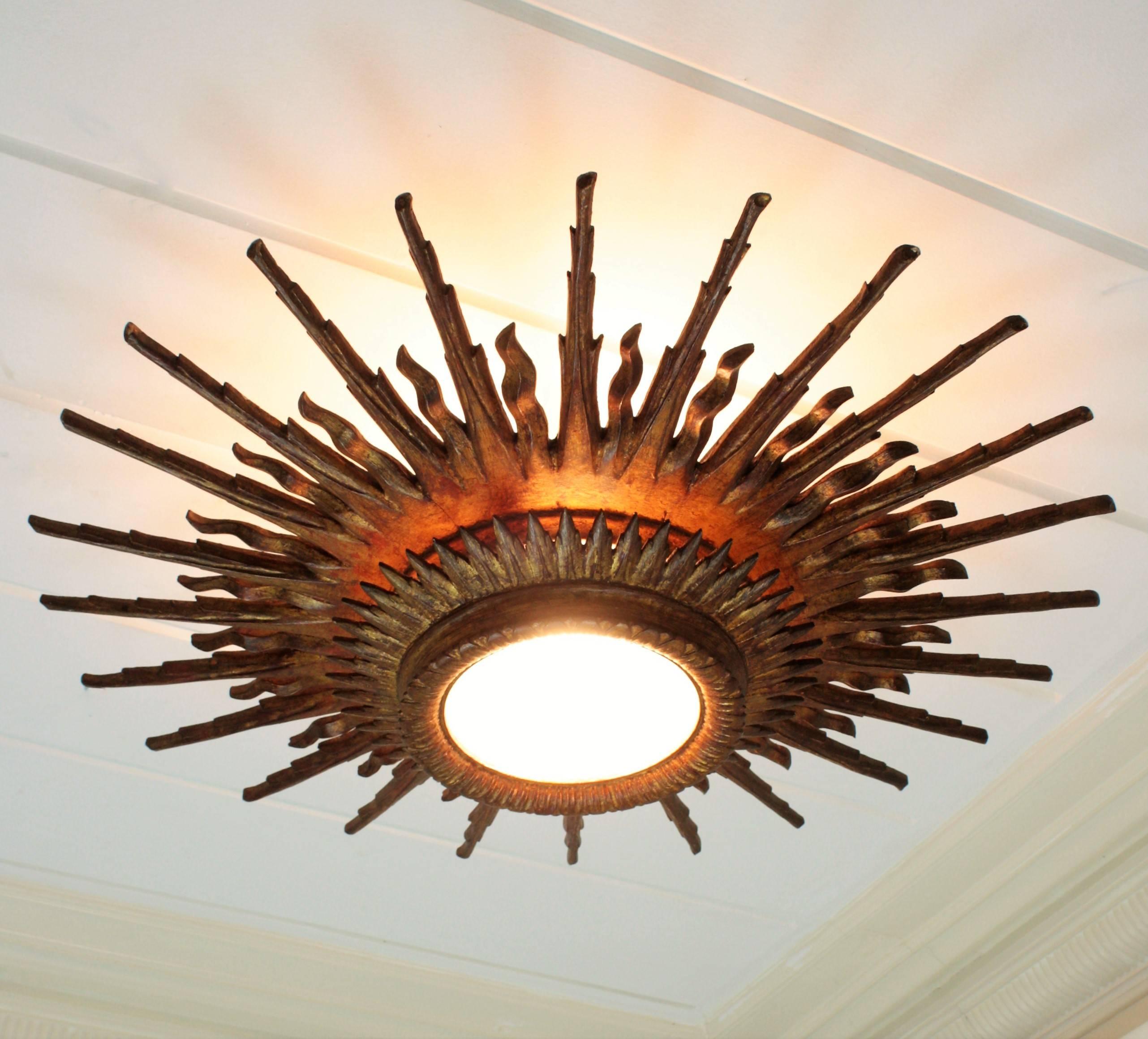 Mid-20th Century Giant 1940s Baroque Style Giltwood Sunburst Ceiling Light Fixture or Mirror