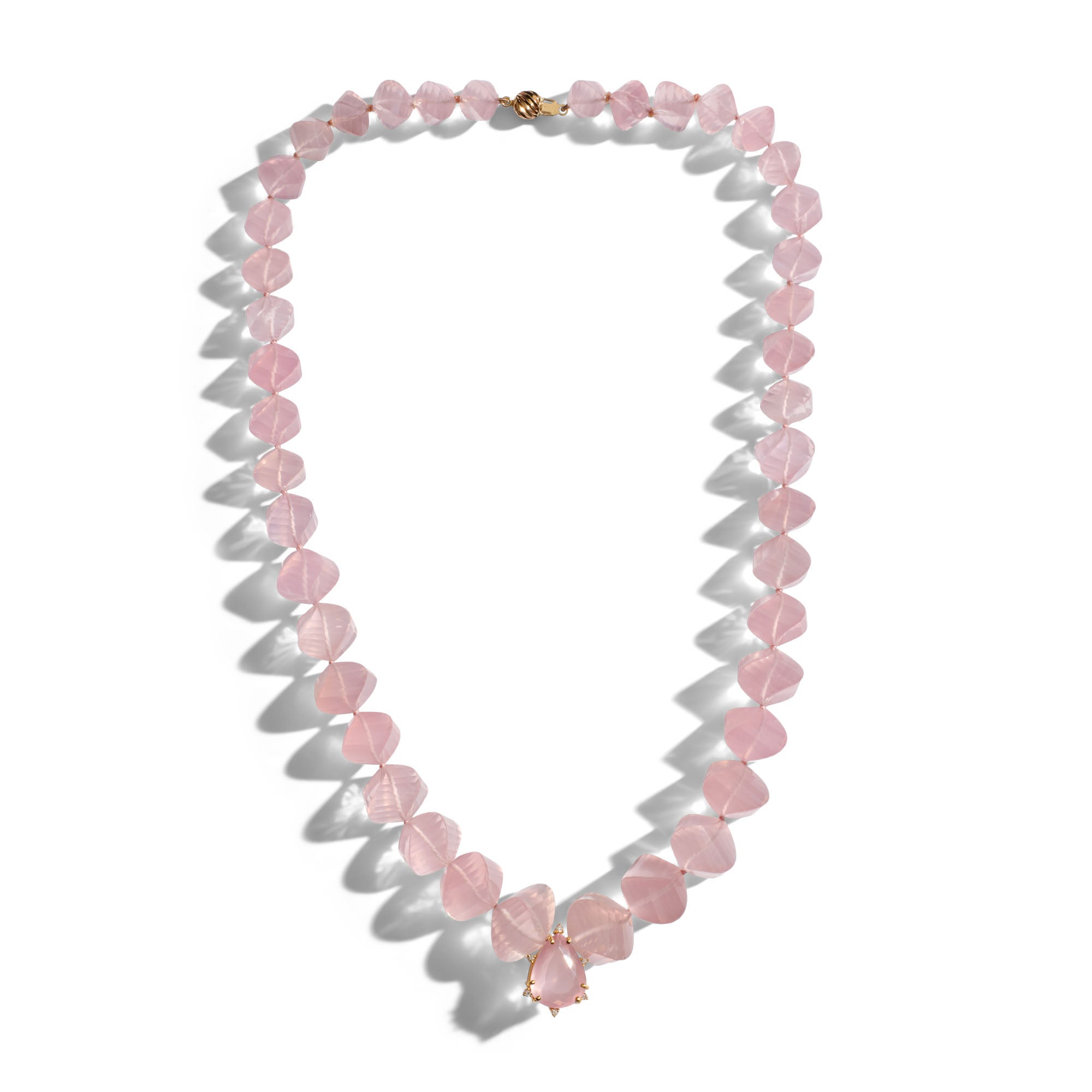 Collier géant en quartz rose torsadé, or jaune 14 carats et diamants