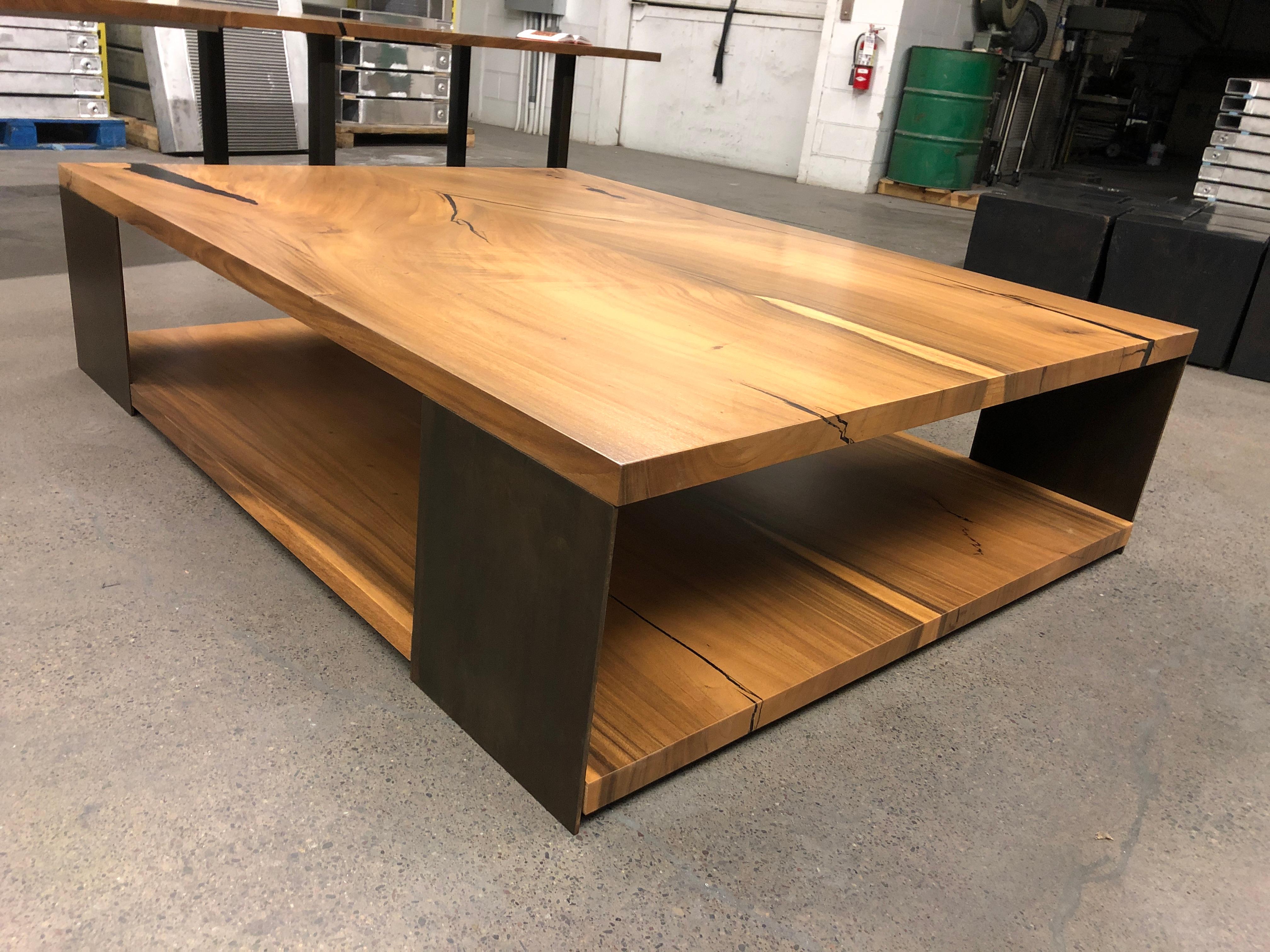 Hand-Crafted Giant two level bookmatched monkeypod coffee table with steel legs For Sale