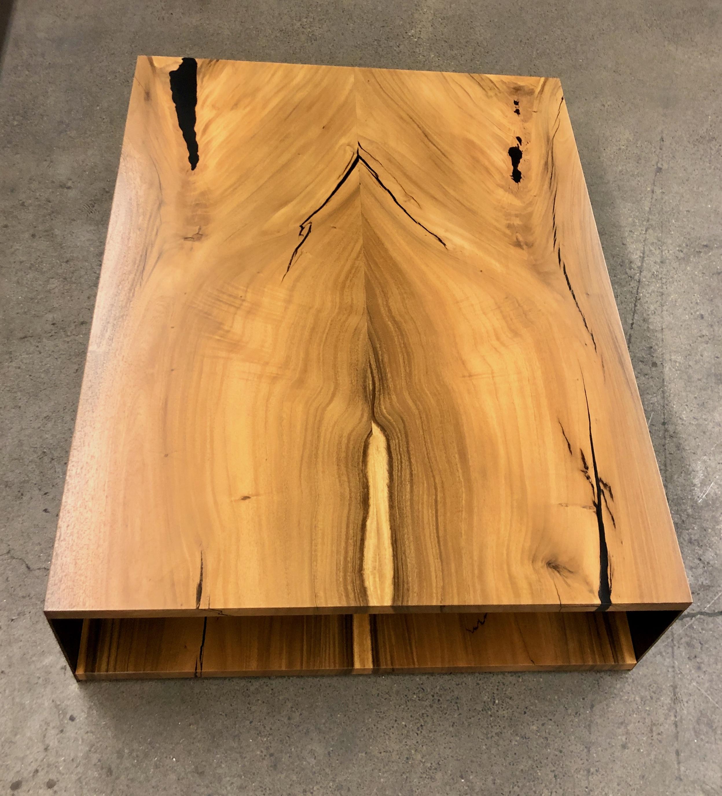 Giant two level bookmatched monkeypod coffee table with steel legs In New Condition For Sale In St Louis Park, MN