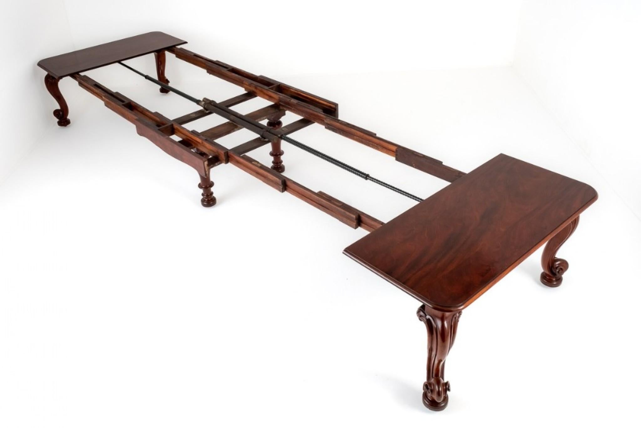 Magnificent 24 Seat Victorian Mahogany Extending Dining Table by Samuel Hawkins
Circa 1860
This Table Stands Upon Impressive Carved Cabriole Legs with Turned Feet and Brass Castors.
The Table Extends by Way of a Telescopic Action with a Double
Wind