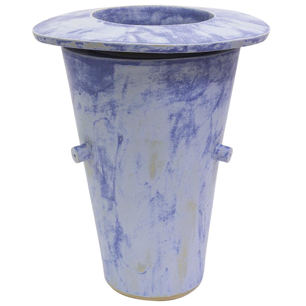 Giant Wide Saucer Contemporary Ceramic Vase in Matte Blue