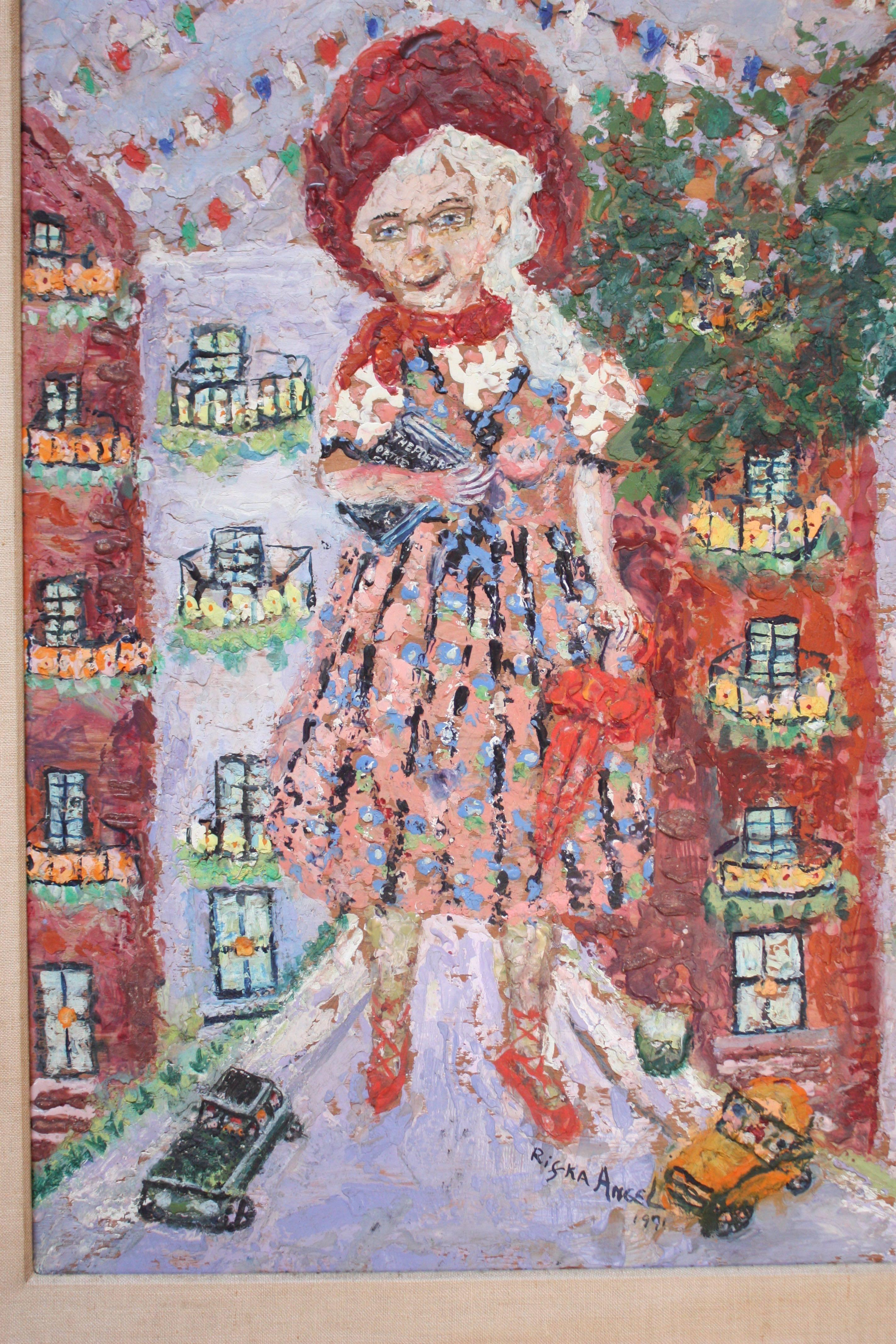 Exceptional encaustic painting by Russian-born artist, Rifka Angel (1899-1988) depicting a giant, old woman towering over New York City (likely Angel in her old age - she lived in New York and Chicago on and off since the age of 15 when she