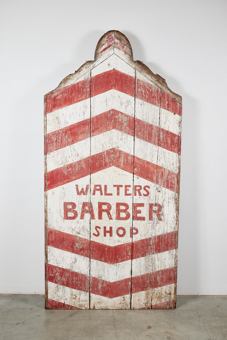 Folk Art Giant Wood Early 20th Century Hand Painted Americana Barber Shop Sign For Sale