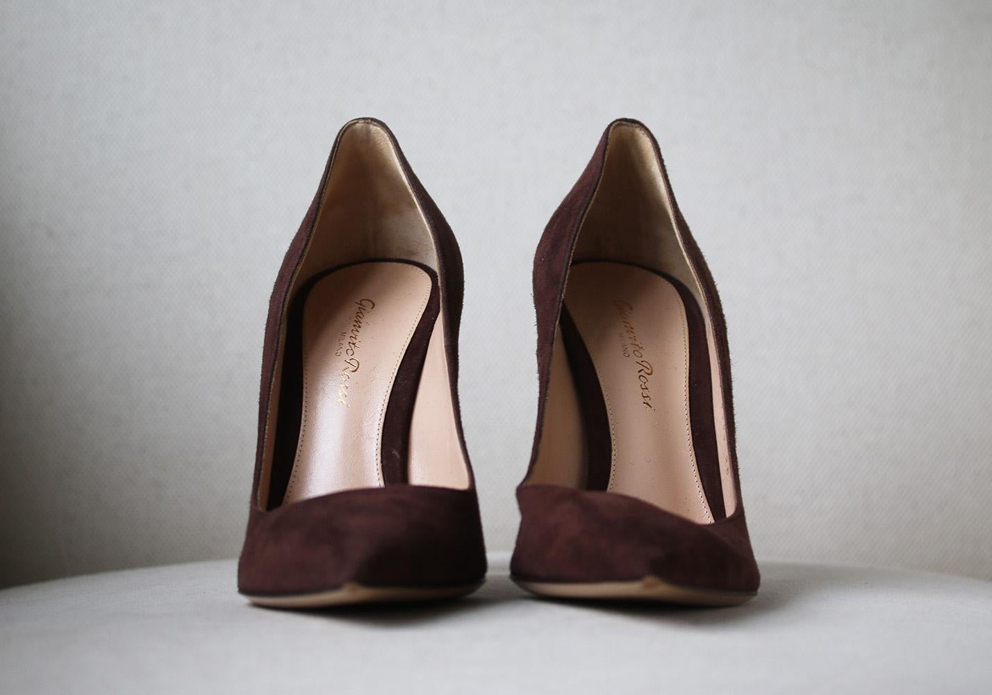 Gianvito Rossi believes that the simpler a shoe is, the better. These pumps have been handcrafted in Italy from textured brown suede with a sleek pointed toe and slim stiletto heel. Heel measures approximately 105mm/ 4 inches. Brown suede