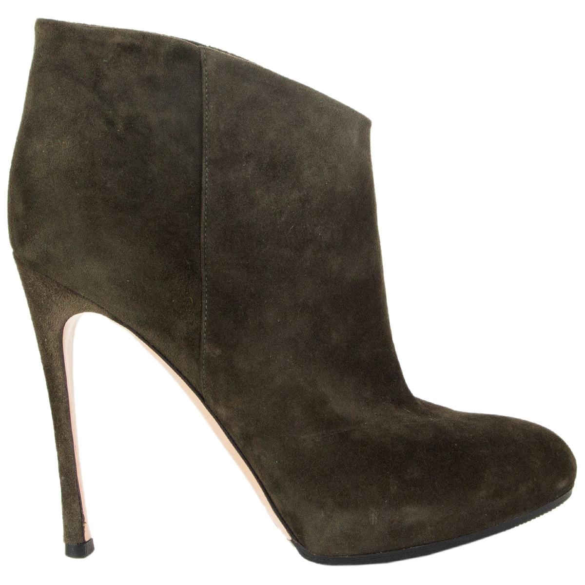GIANVITO ROSSI Army green suede STILETTO PLATFORM Ankle Boots Shoes 38