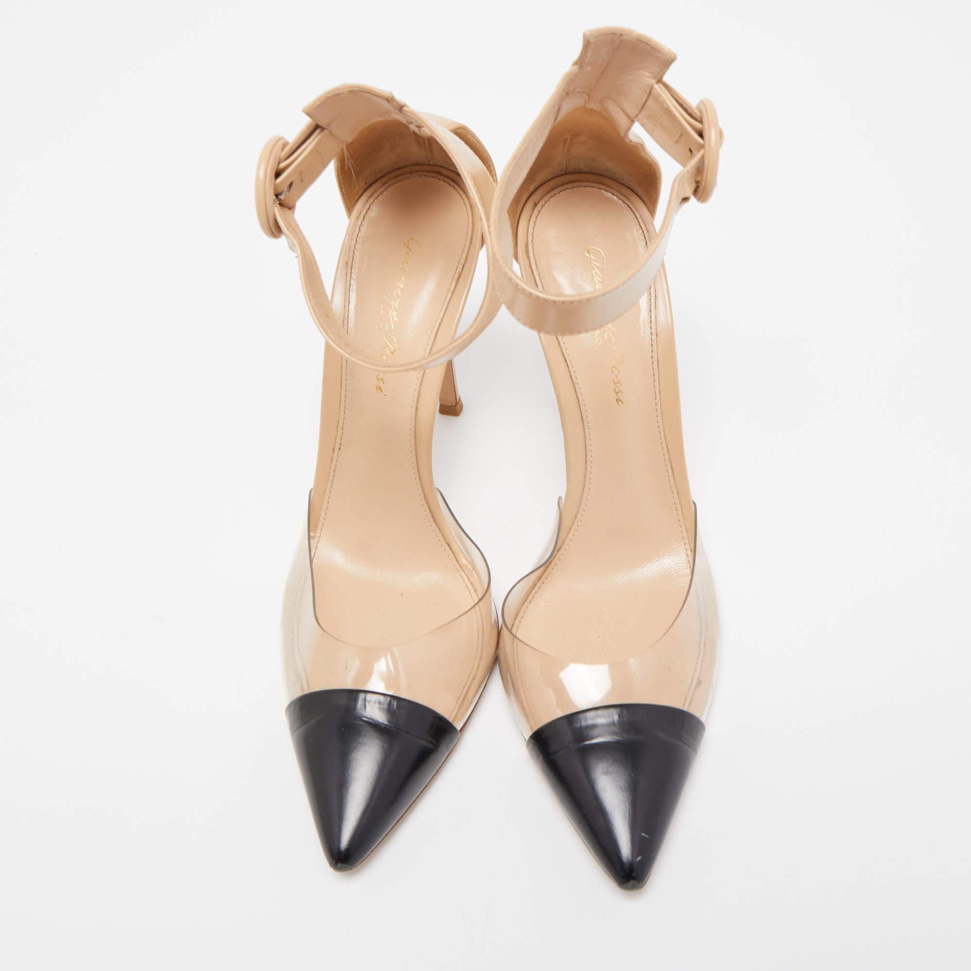 Gianvito Rossi Beige/Black Leather and PVC Ankle Strap Pumps Size 37 In Good Condition For Sale In Dubai, Al Qouz 2