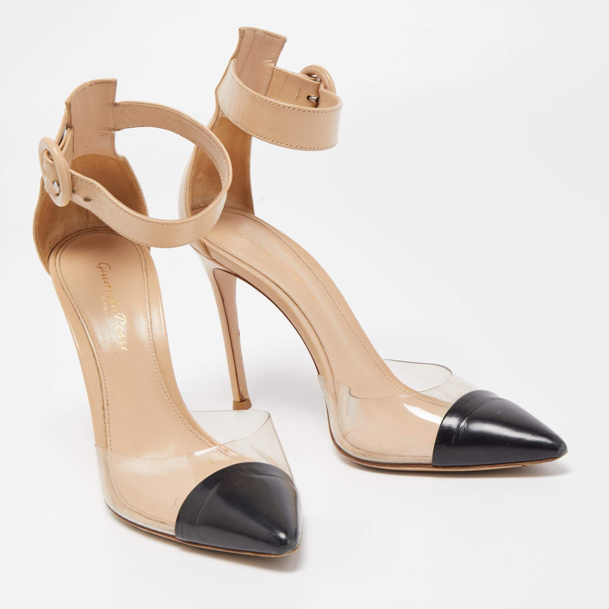 Women's Gianvito Rossi Beige/Black Leather and PVC Ankle Strap Pumps Size 37 For Sale