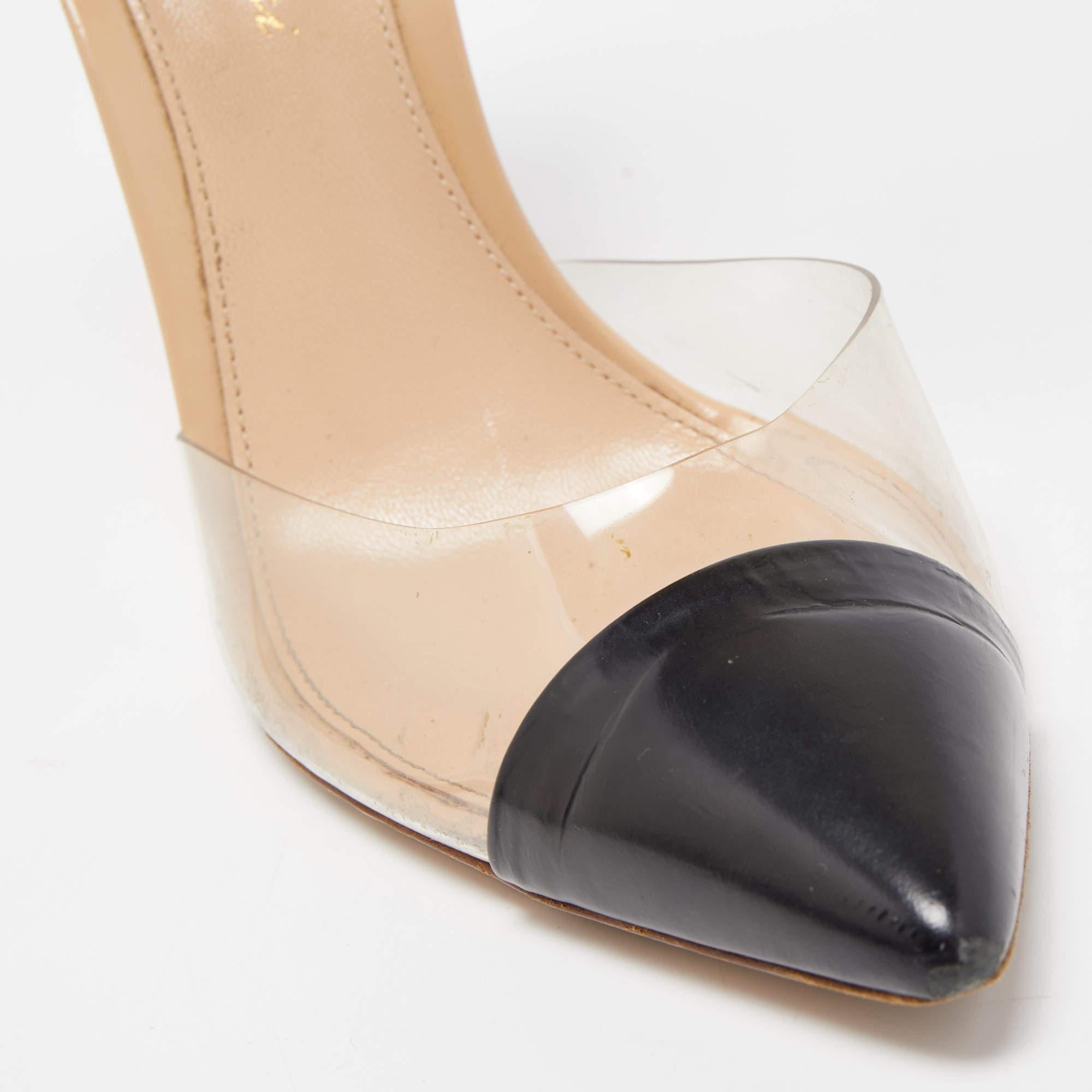 Gianvito Rossi Beige/Black Leather and PVC Ankle Strap Pumps Size 37 For Sale 4