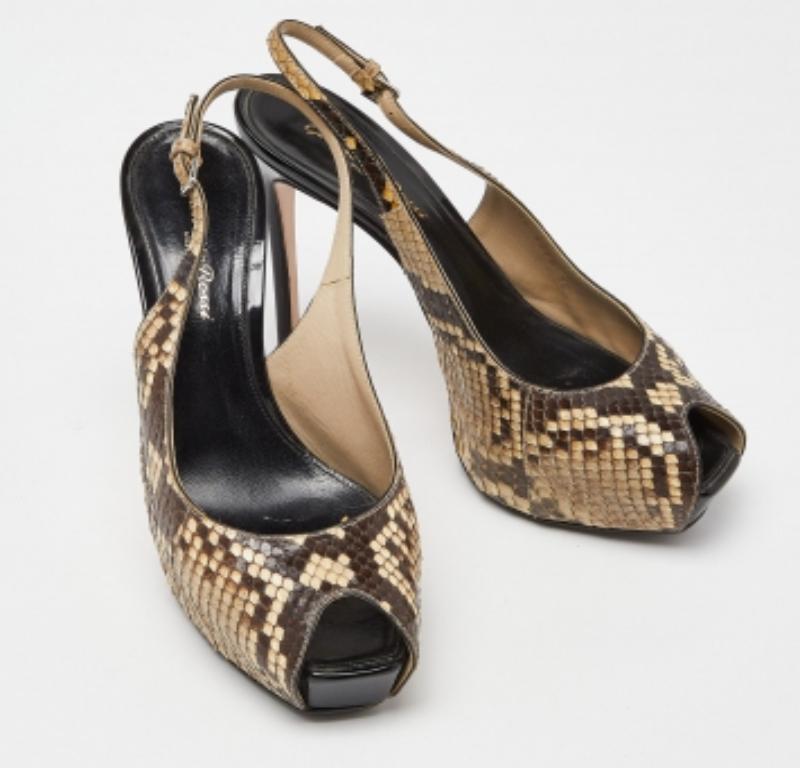 Marrone Gianvito Rossi Beige/Brown Python Leather Peep Toe Slingback Pumps Taglia 38.5 in vendita