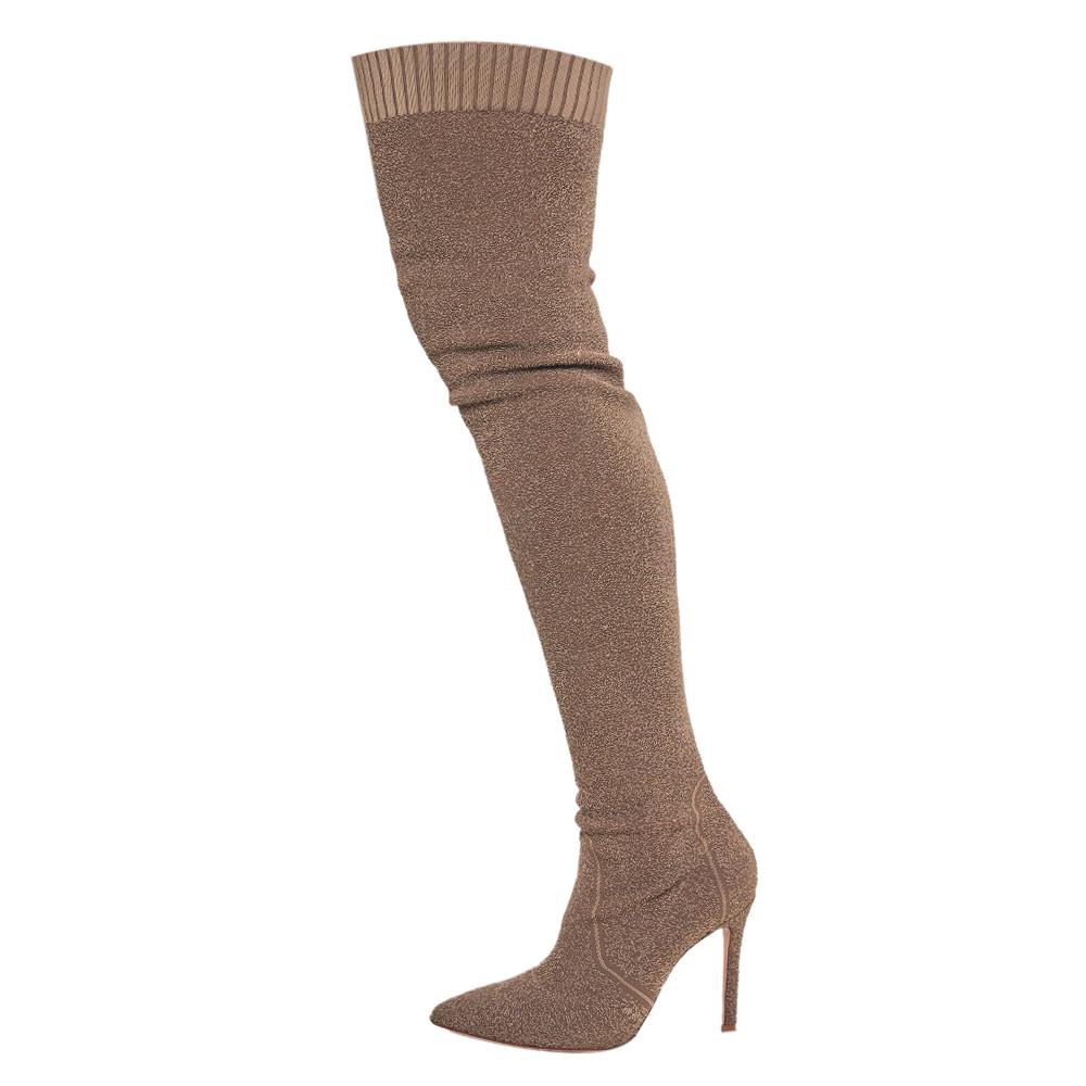 Gianvito Rossi Beige Knit Fabric Fiona Over The Knee Boots Size 37 1