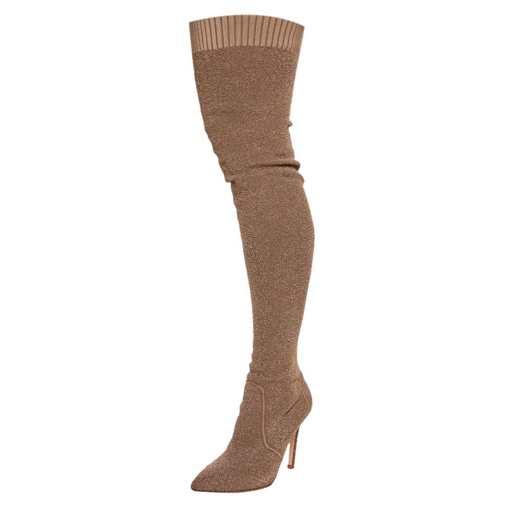 Gianvito Rossi Beige Knit Fabric Fiona Over The Knee Boots Size 37