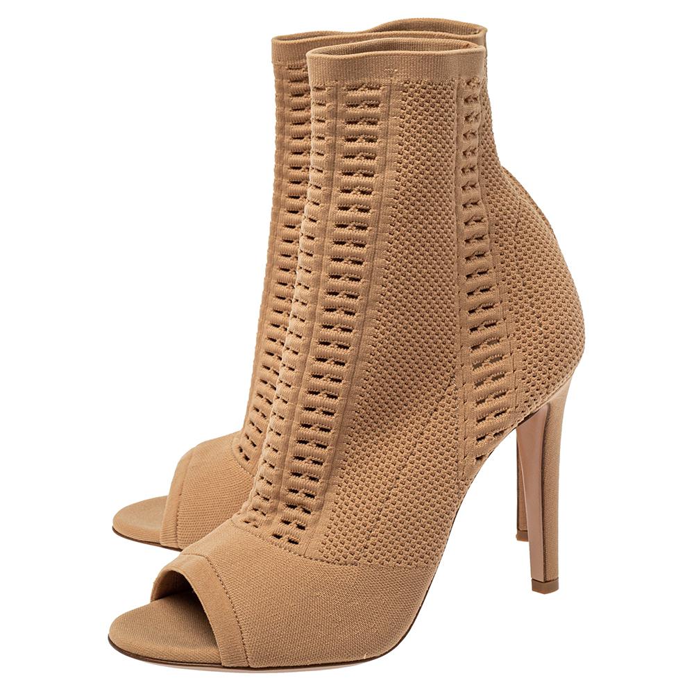Gianvito Rossi Beige Knit Fabric Open Toe Ankle Boots Size 37 2