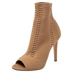 Gianvito Rossi Beige Knit Fabric Open Toe Ankle Boots Size 37