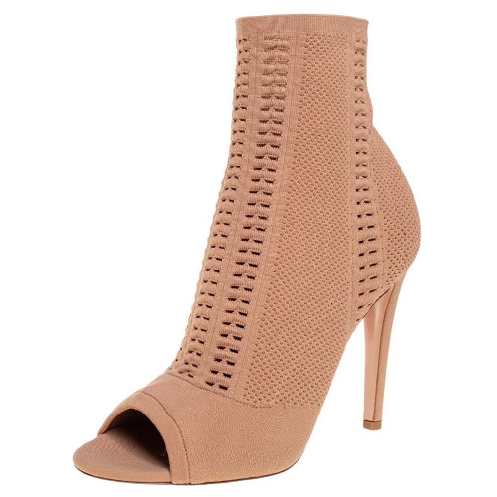 Gianvito Rossi Beige Knit Fabric Open Toe Ankle Boots Size 40 2