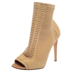 Gianvito Rossi Beige Knit Fabric Vires Peep Toe Ankle Boots Size 38.5