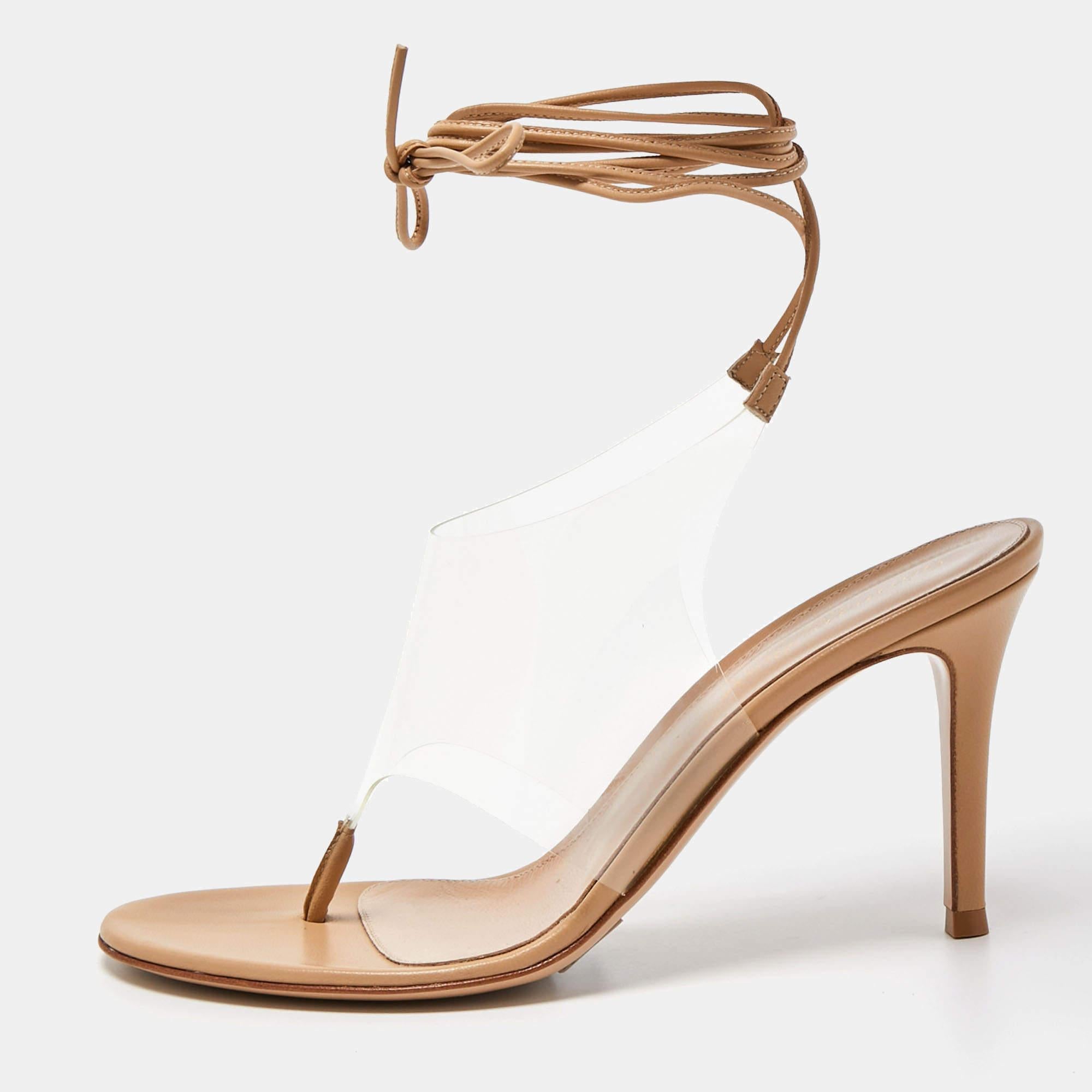 Gianvito Rossi Beige Leather and PVC Ankle Wrap Sandals Size 36 1
