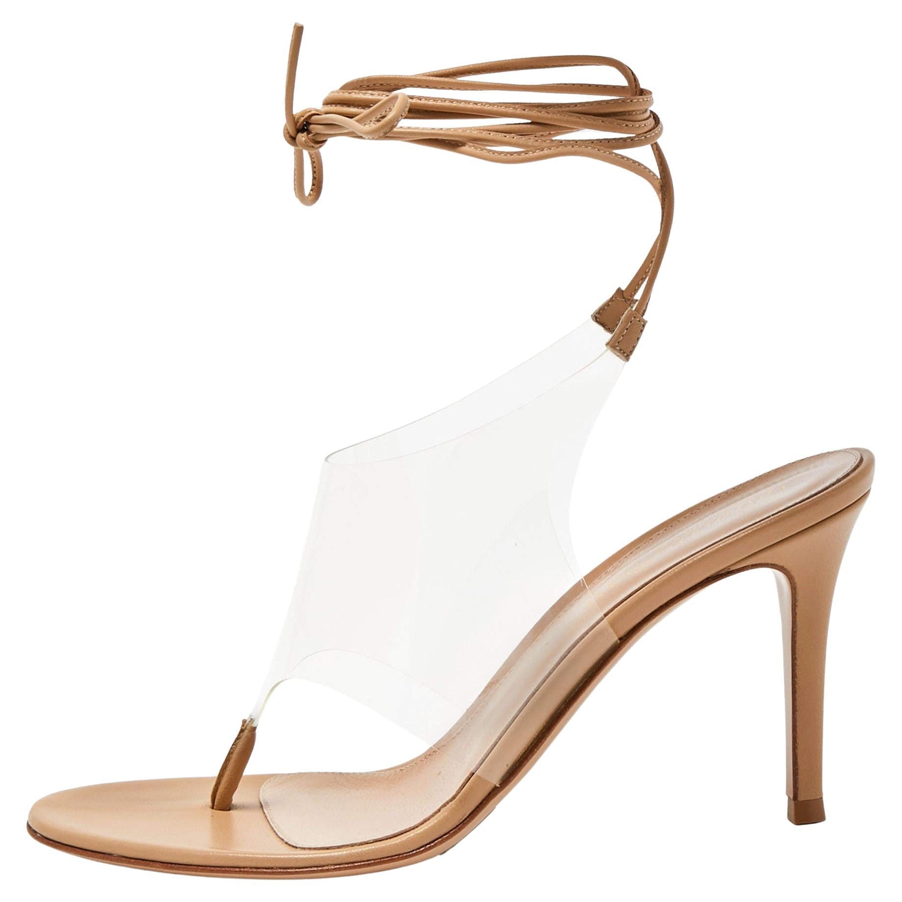 Gianvito Rossi Beige Leather and PVC Ankle Wrap Sandals Size 36