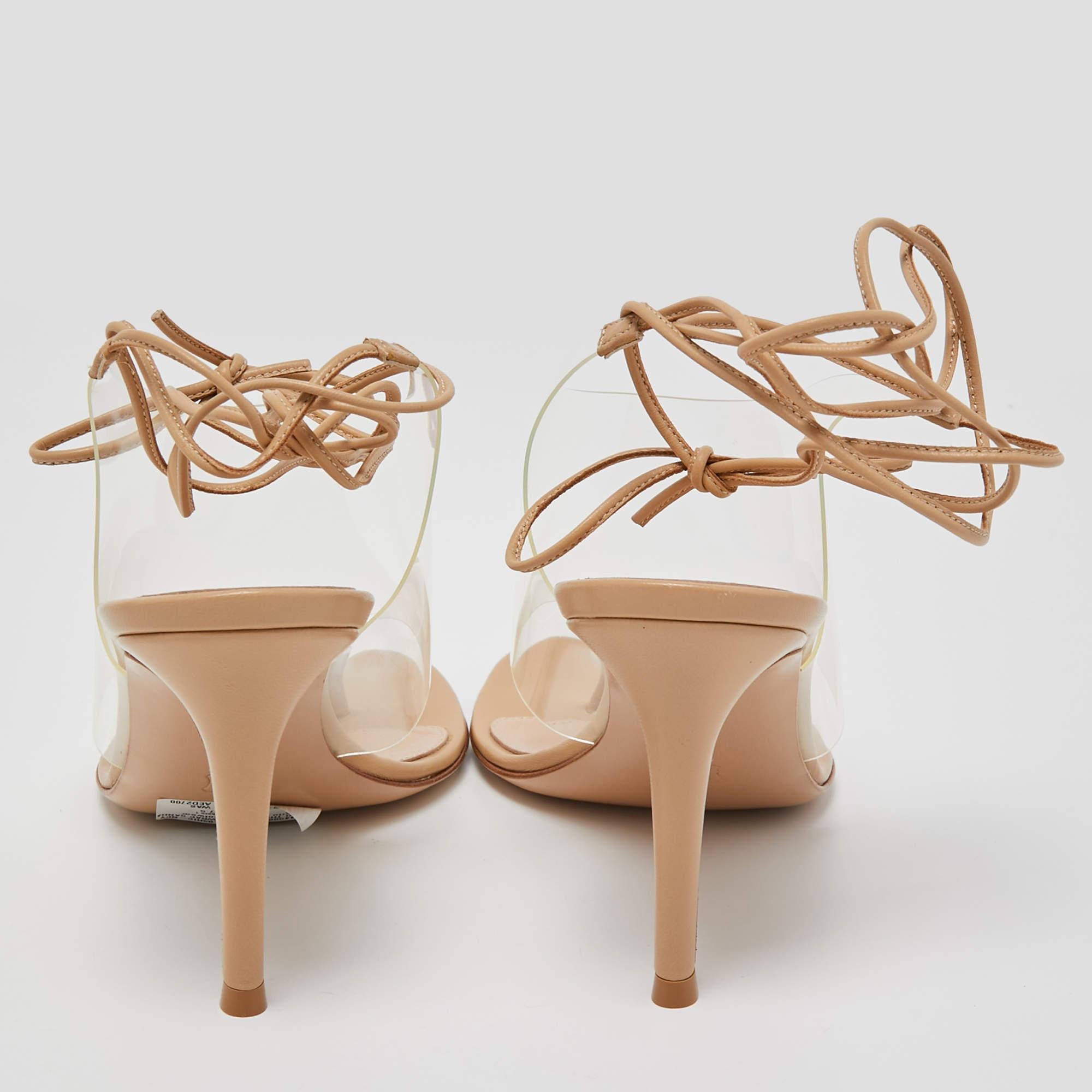 Gianvito Rossi Beige Leather and PVC Ankle Wrap Sandals Size 37.5 In Excellent Condition For Sale In Dubai, Al Qouz 2