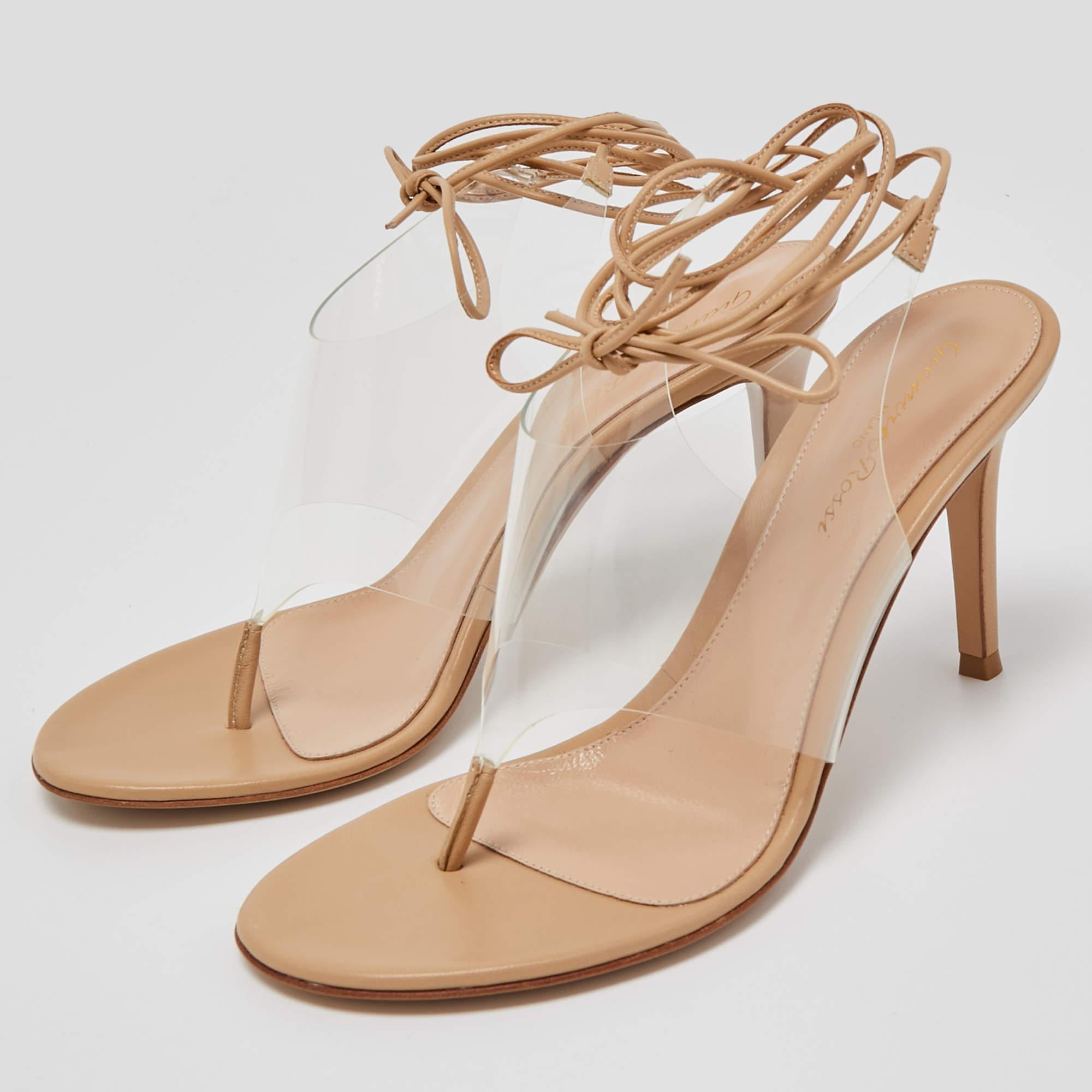Gianvito Rossi Beige Leather and PVC Ankle Wrap Sandals Size 37.5 For Sale 2