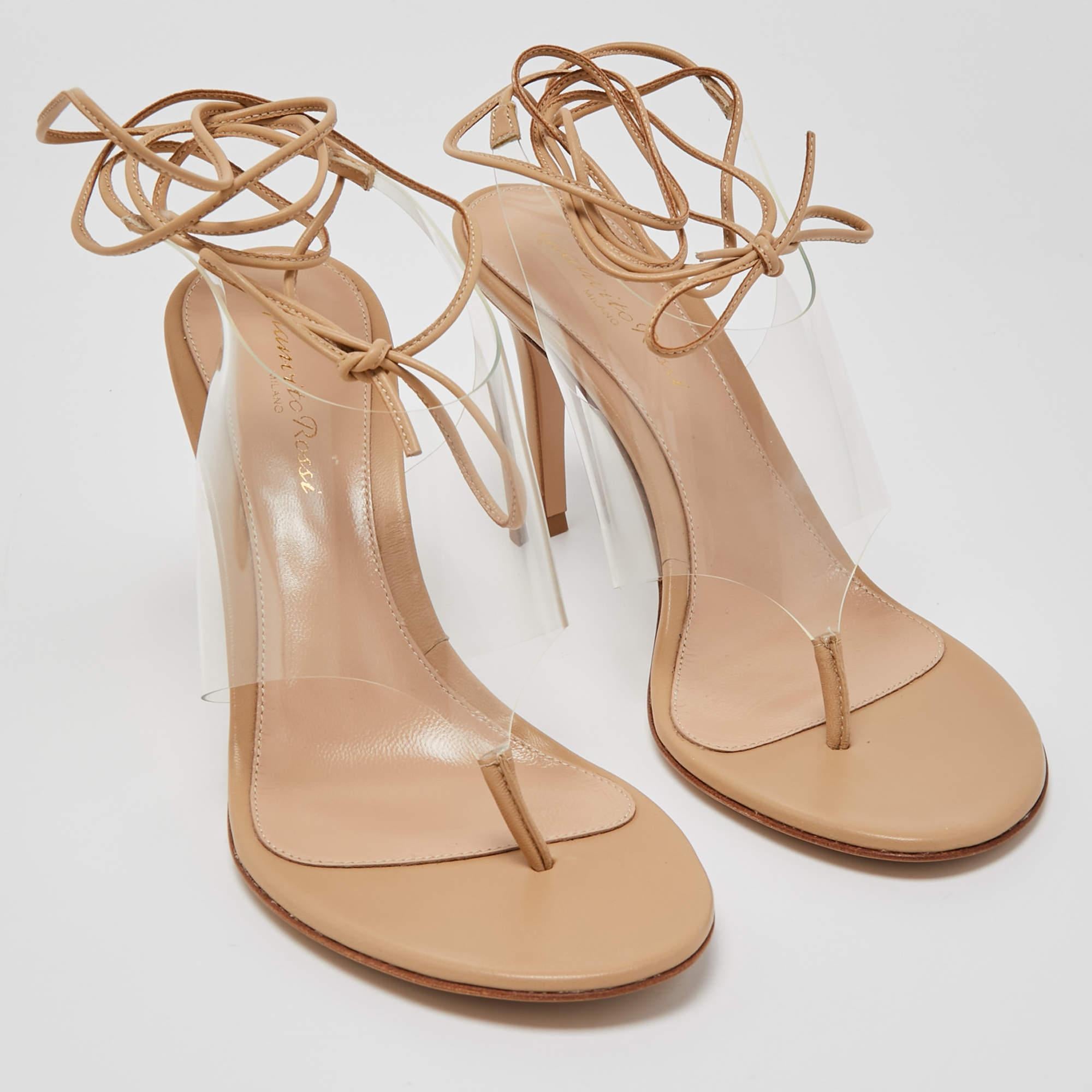 Gianvito Rossi Beige Leather and PVC Ankle Wrap Sandals Size 37.5 For Sale 4